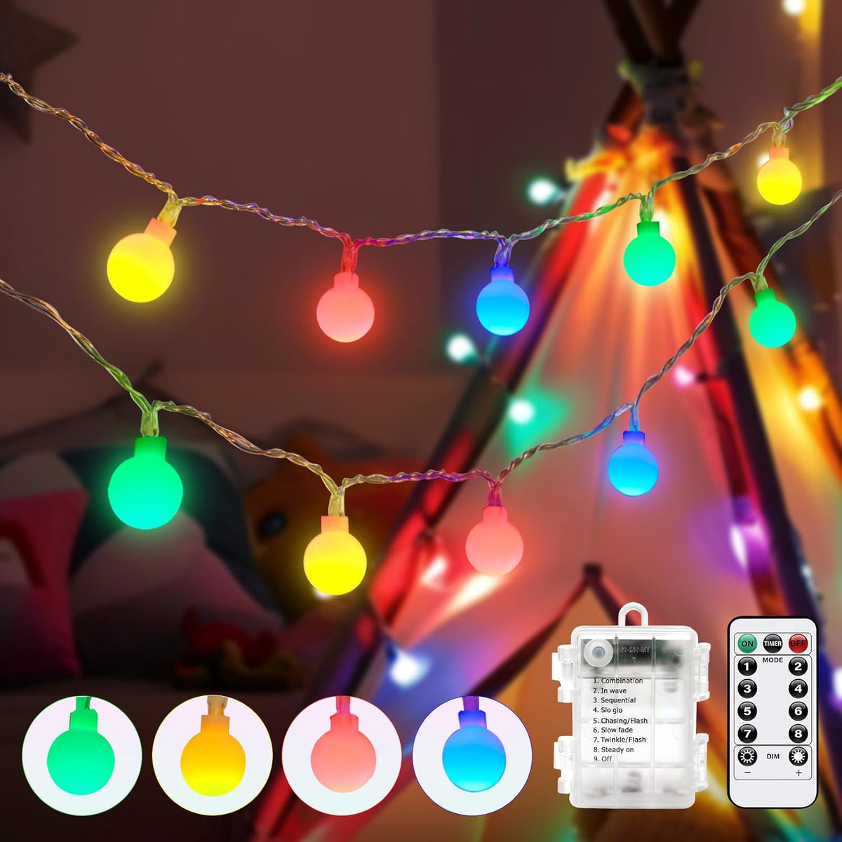 Globe String Lights, 26Ft 64 Led Rgb Christmas Fairy Lights Battery Operated, Twinkle Lights With Remote Control For Par