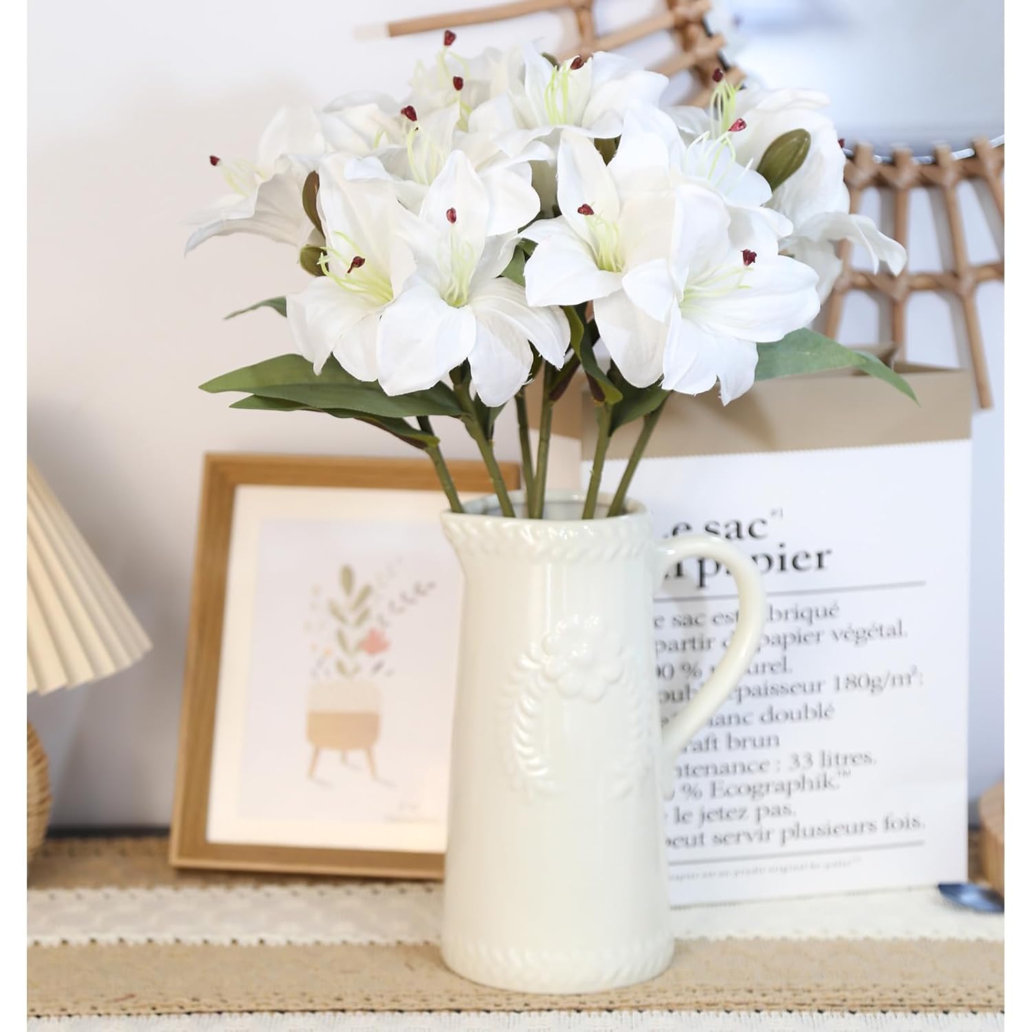 6 Pcs White Lily Flowers Artificial 18Heads Fake Lillies 18” Artificial White Flowers Easter Lilies For Home Decor Indoor Wedding Party Graves Arrangement