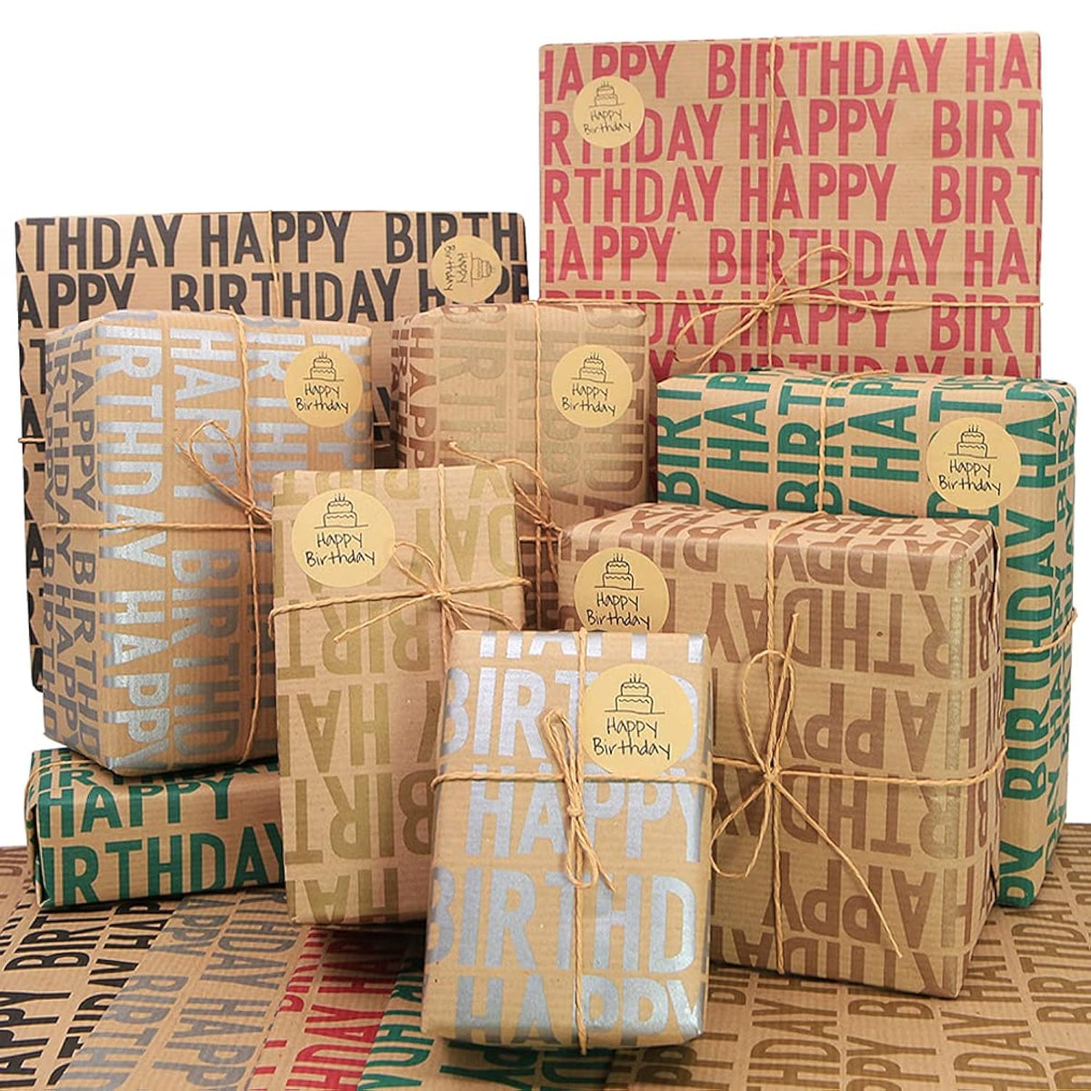 Happy Birthday Wrapping Paper For Boys Men Women Girls Kids,Recycled Gift Wrapping Paper, 20 X 28 Inches Per Sheet (12 Sheets: 47 Sq. Ft. Ttl.) Brown Kraft Folded Paper With Jute Strings, Stickers And Bows For Birthday Occasions