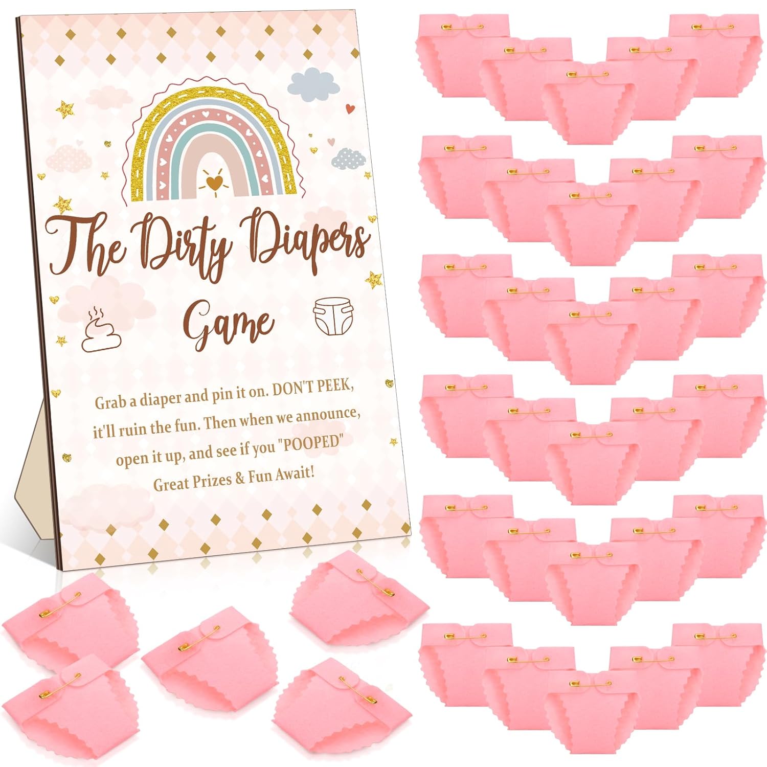 51 Pcs Dirty Diaper Wooden Game Sign Baby Shower Game Sign Dirty Diaper Instruction Sign 50 Pcs Mini Diapers Cute Felt Diaper For Game Gender Neutral Party Baby Shower Game (Boho)