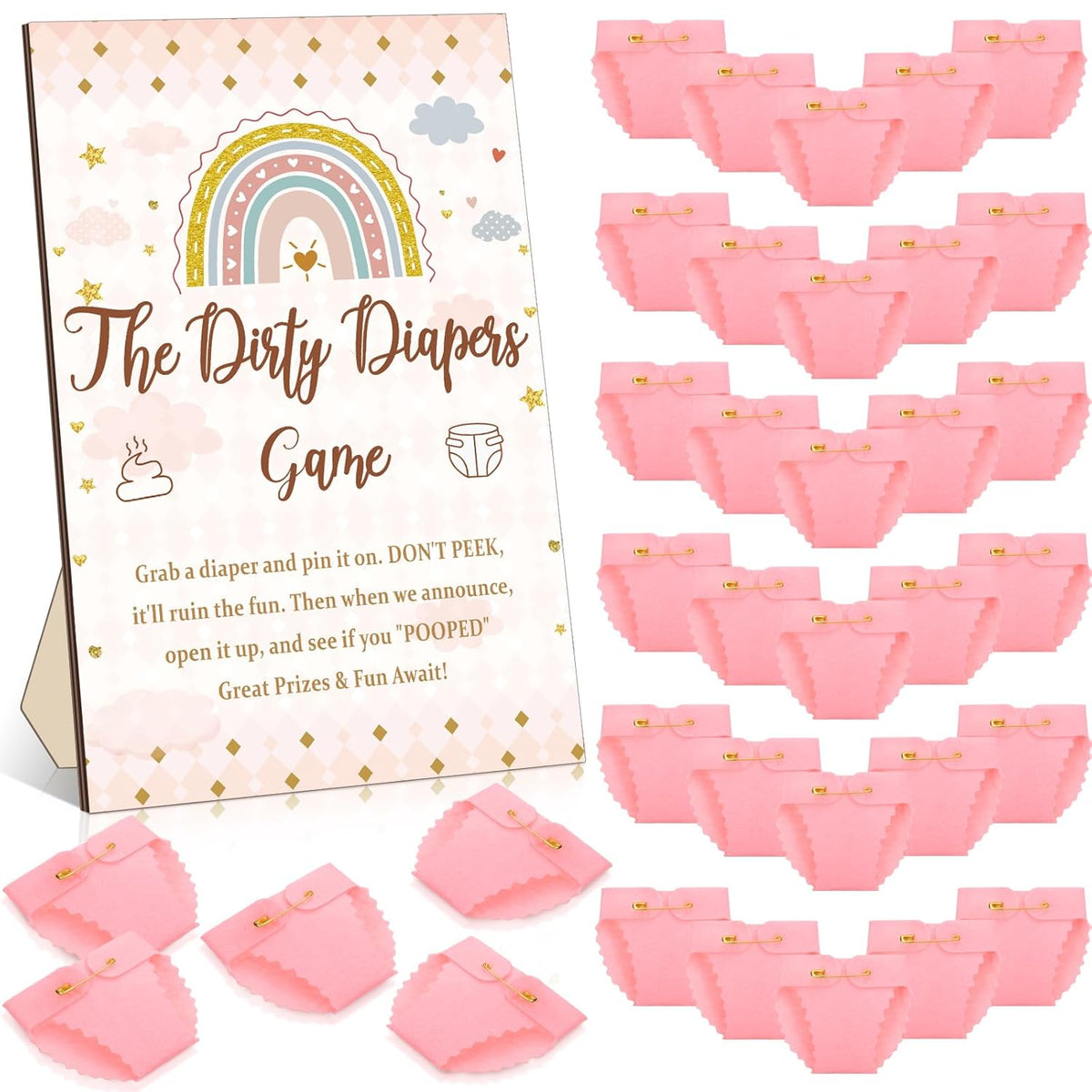 51 Pcs Dirty Diaper Wooden Game Sign Baby Shower Game Sign Dirty Diaper Instruction Sign 50 Pcs Mini Diapers Cute Felt Diaper For Game Gender Neutral Party Baby Shower Game (Boho)