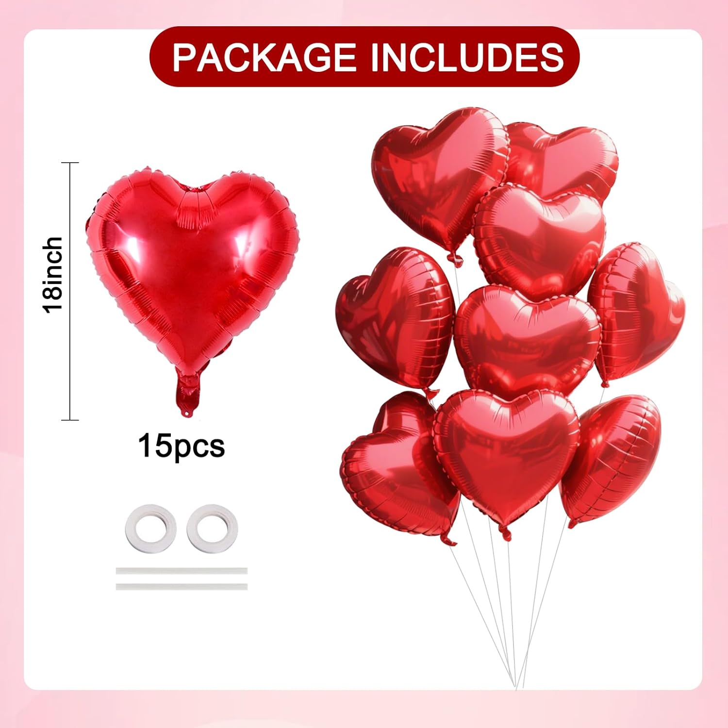 15Pcs 18 Inch Red Heart Balloons Valentine’S Day Heart Shape Foil Mylar Balloons Decoration For Romantic Valentine'S Day Wedding Bridal Shower Anniversary Engagement Party Supplies