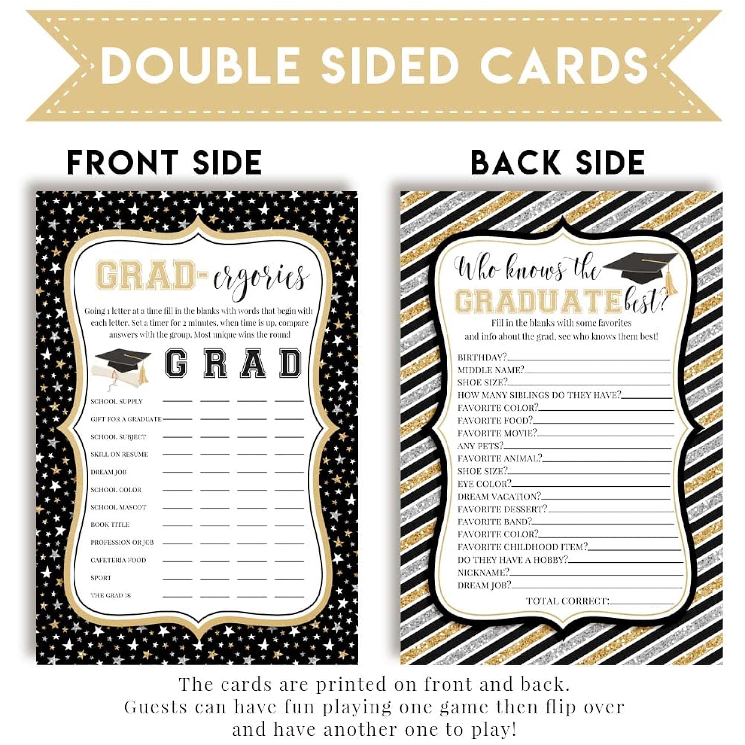 Graduation Who Knows The Graduate Best & Gradergories Fill-In Game Cards, Twenty (20) 5" X 7" Game Cards Included