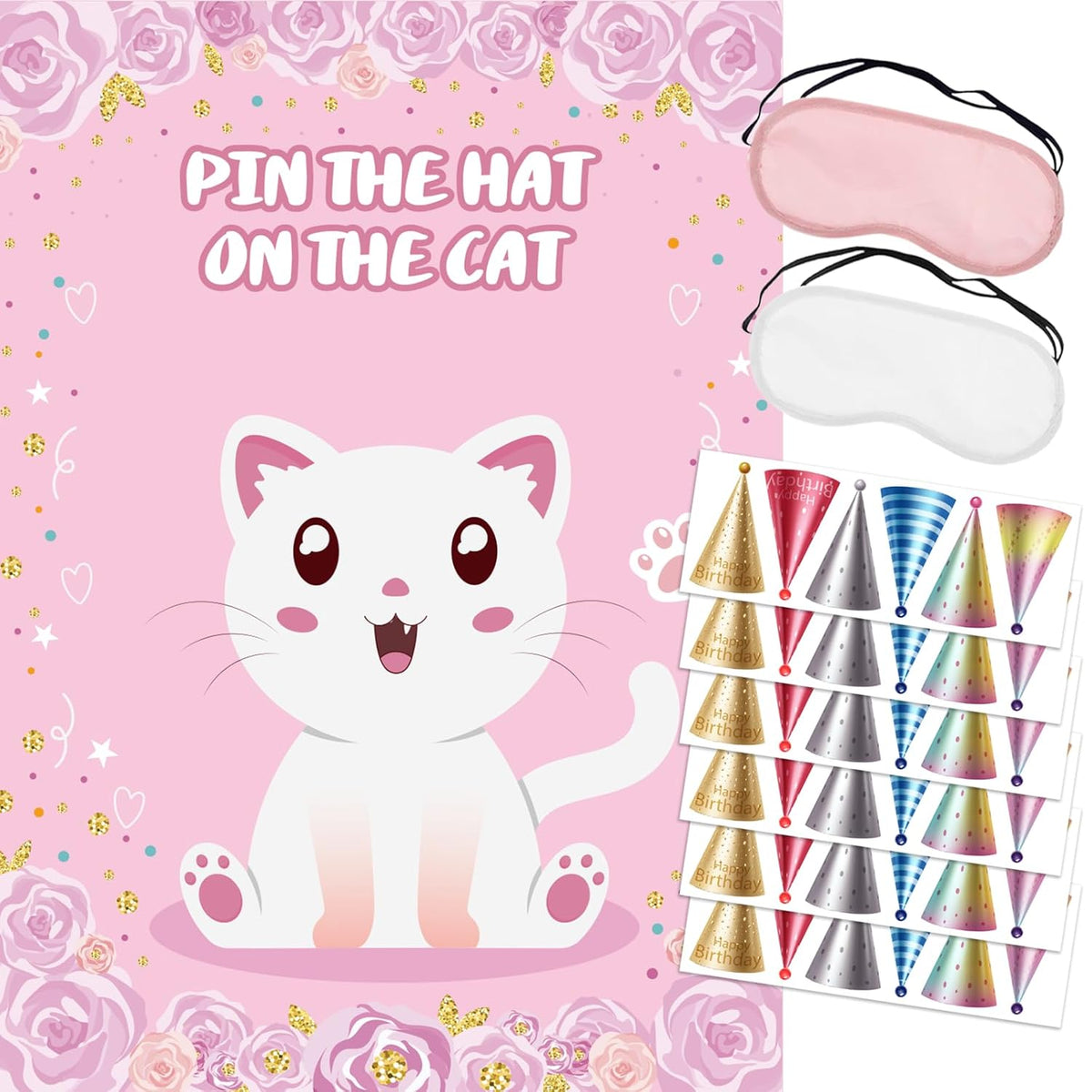 Pin The Hat On The Cat Party Games, Cat Birthday Party Games, Cat Games Poster For Kids Cat Themed Pet Birthday Party Decoration Party Supplies For Kids Boys Girls Adults 36 Guests