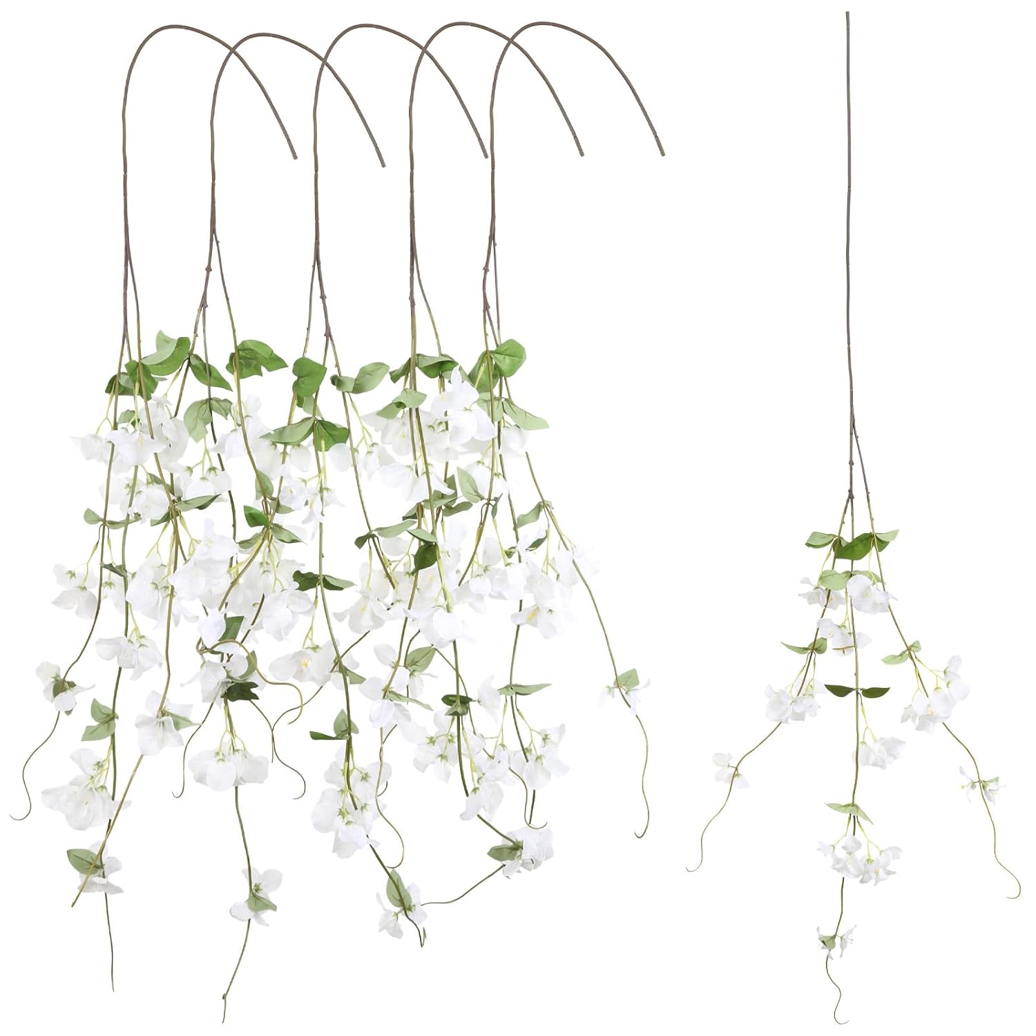 5.58Ft 5Pcs Bougainvillea Artificial Flowers Vines Faux Silk Hanging Bougainvillea Nearly Natural Plants For Porch Patio Balcony Home Wedding Decoration (White)