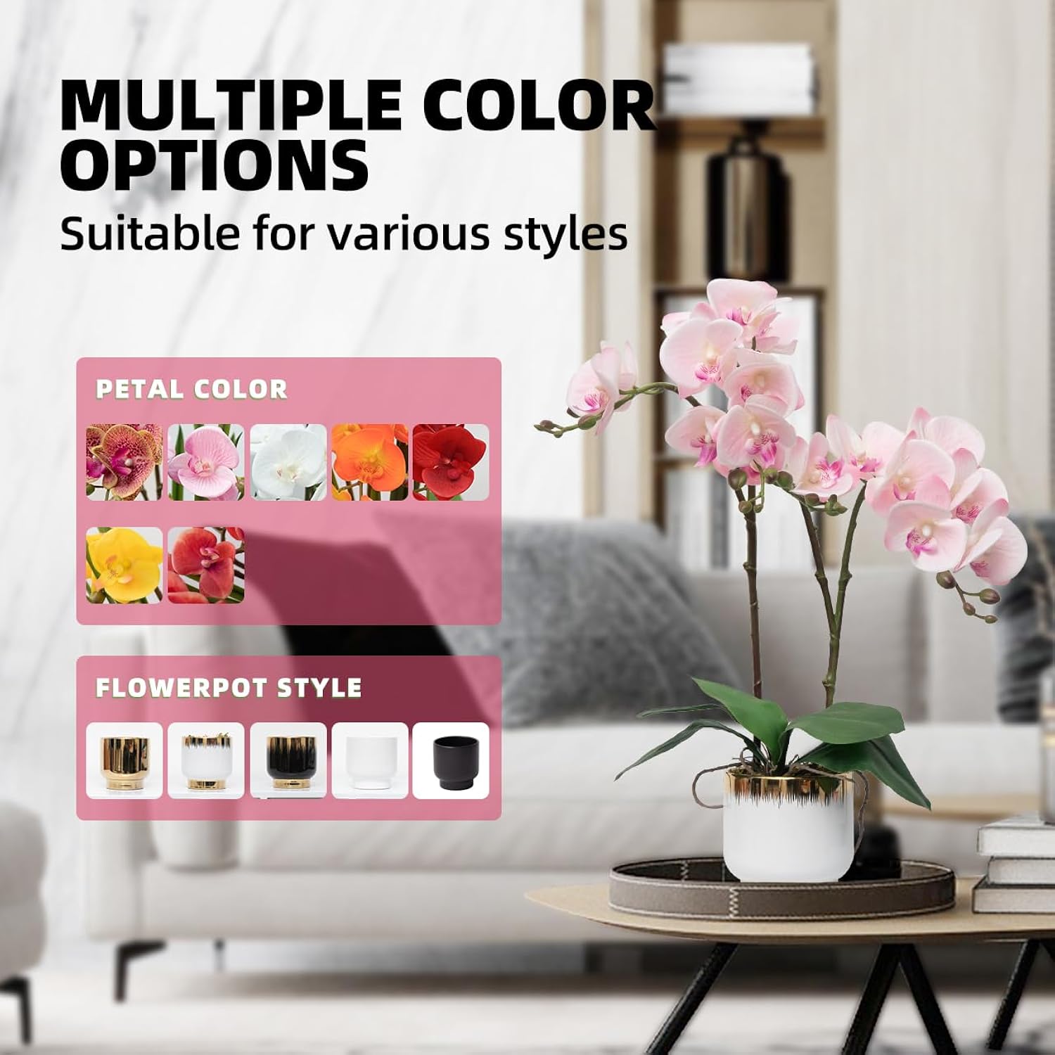Orchids Artificial Flowers Real Touch Fake Flowers In Ceramic Pot 20" Pink Faux Orchid Plant Lifelike Silk Phalaenopsis For Centerpiece Hotel Home Indoor Decor