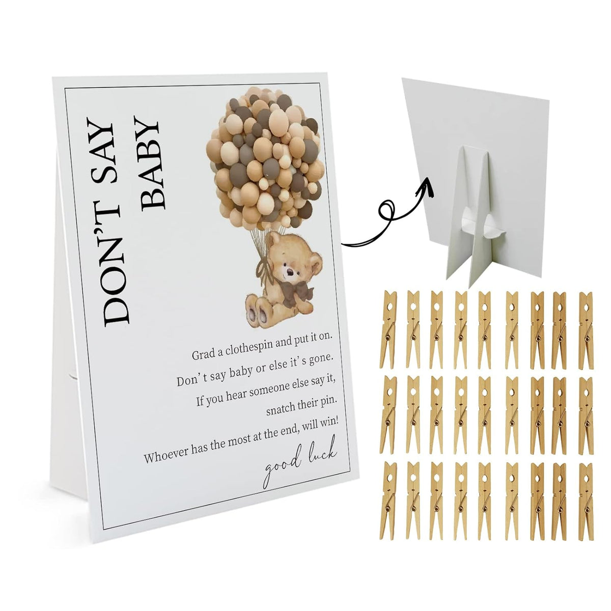 Bear Don'T Say Baby Game (1 Sign And 50 Mini Natural Clothespins) - Baby Shower Game, Gender Neutral