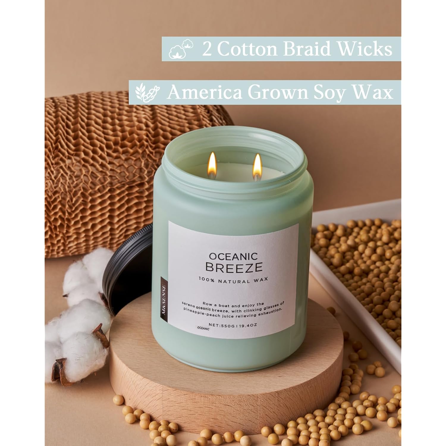 Candle Oceanic Breeze Scented, 19.4Oz 110 Hour Long Lasting 2 Wick Pineapple & Mango Scent Natural Soy Candles For Home Scented For Stress Relief & Women/Men
