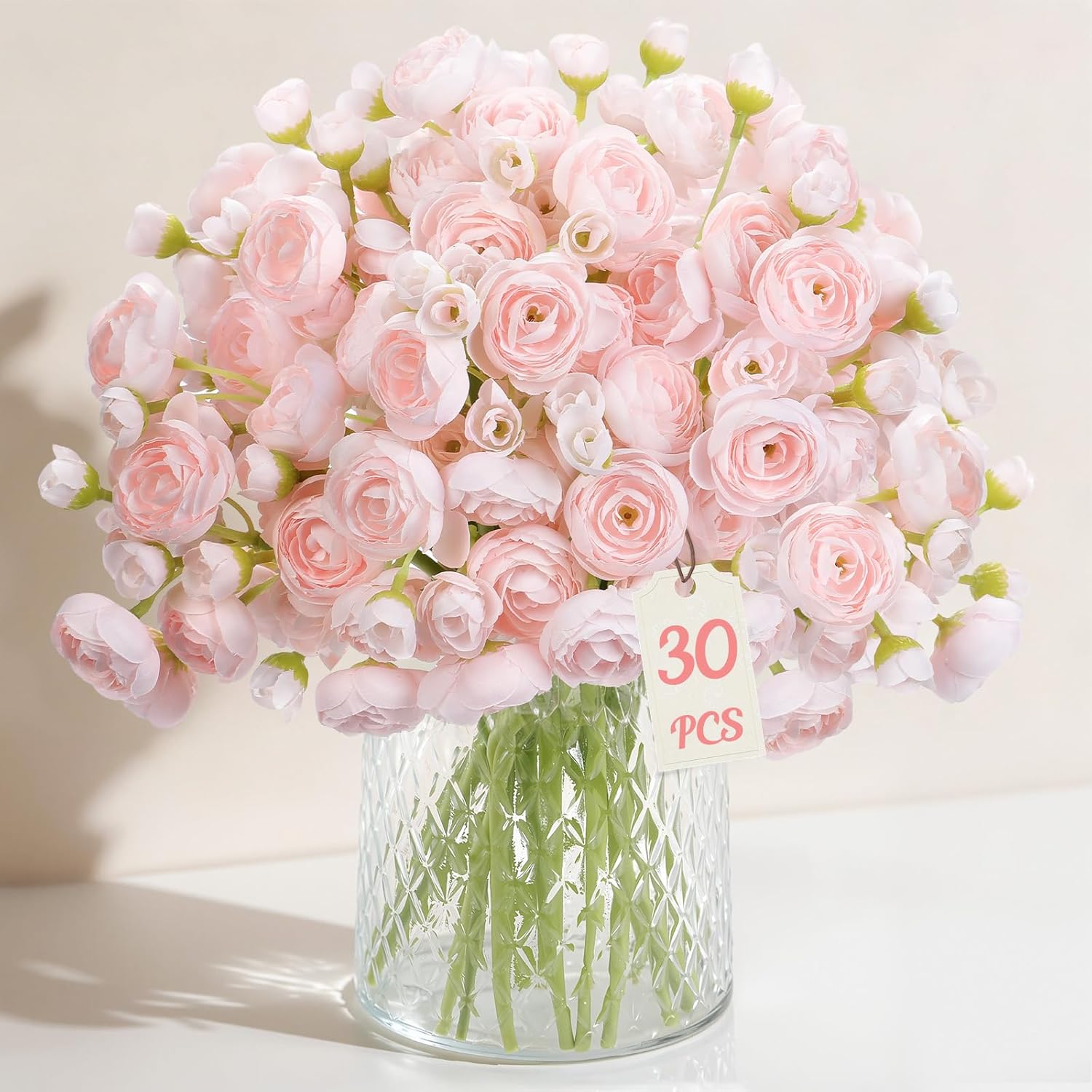 30Pcs Ranunculus Artificial Flowers Faux Silk Mini Ranunculus, Artificial Flowers Indoor For Diy Bouquets, Bulk Fake Wedding Filler Flowers For Bride Shower Decorations, Shabby Blush