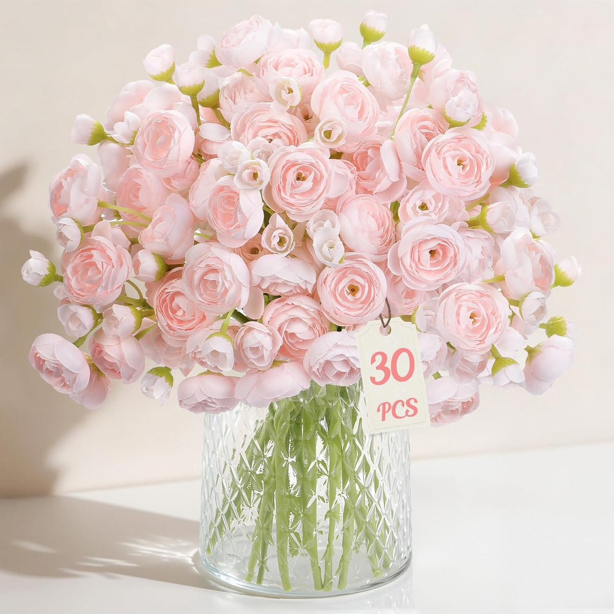 30Pcs Ranunculus Artificial Flowers Faux Silk Mini Ranunculus, Artificial Flowers Indoor For Diy Bouquets, Bulk Fake Wedding Filler Flowers For Bride Shower Decorations, Shabby Blush