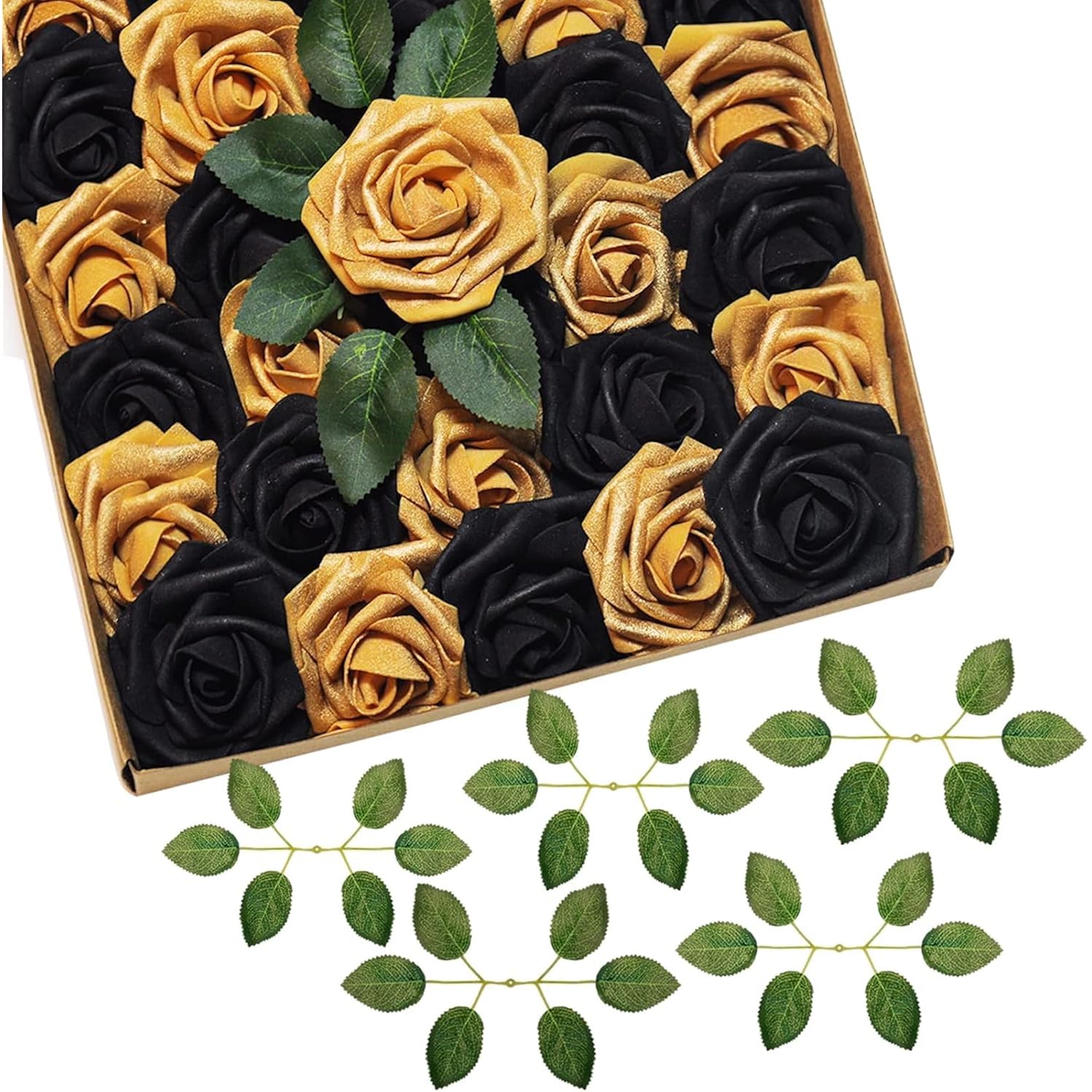 Black And Gold Flowers Artificial Roses For Centerpieces, 50Pcs Fake Flowers For Wedding Decorations Bouquets Bride Shower Centerpieces Home Decor Arrangements Party