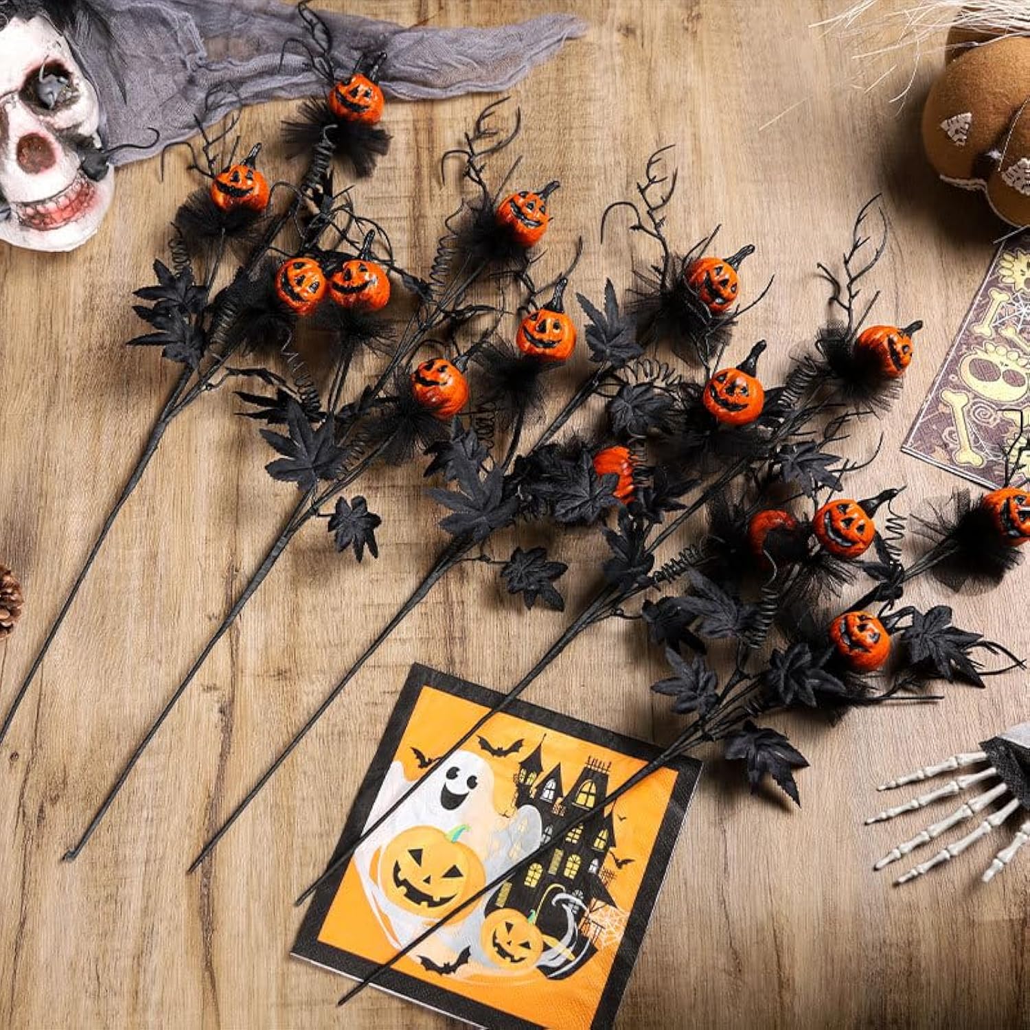 3 Pack Halloween Branches Picks Stems Glitter Fake Twig With Pumpkin Berries Black For Vases Haunted House Gothic Floral Decor Artificial Flowers Berry Stems For Vase (A)