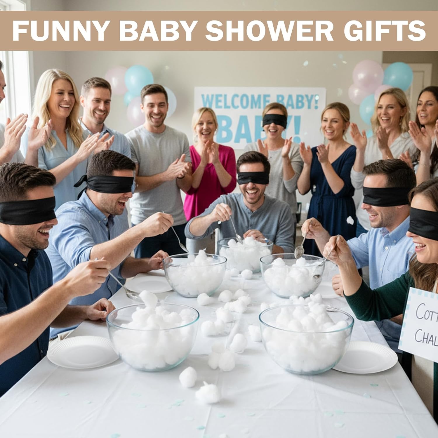 6 Sets Baby Shower Games Funny Baby Shower Blindfolded Games Cotton Craze Challenge, 6 Black Blindfolds 6 Disposable Spoons Plates 2 Pack Cotton Ball For Adult Gender Reveal Party Supplies