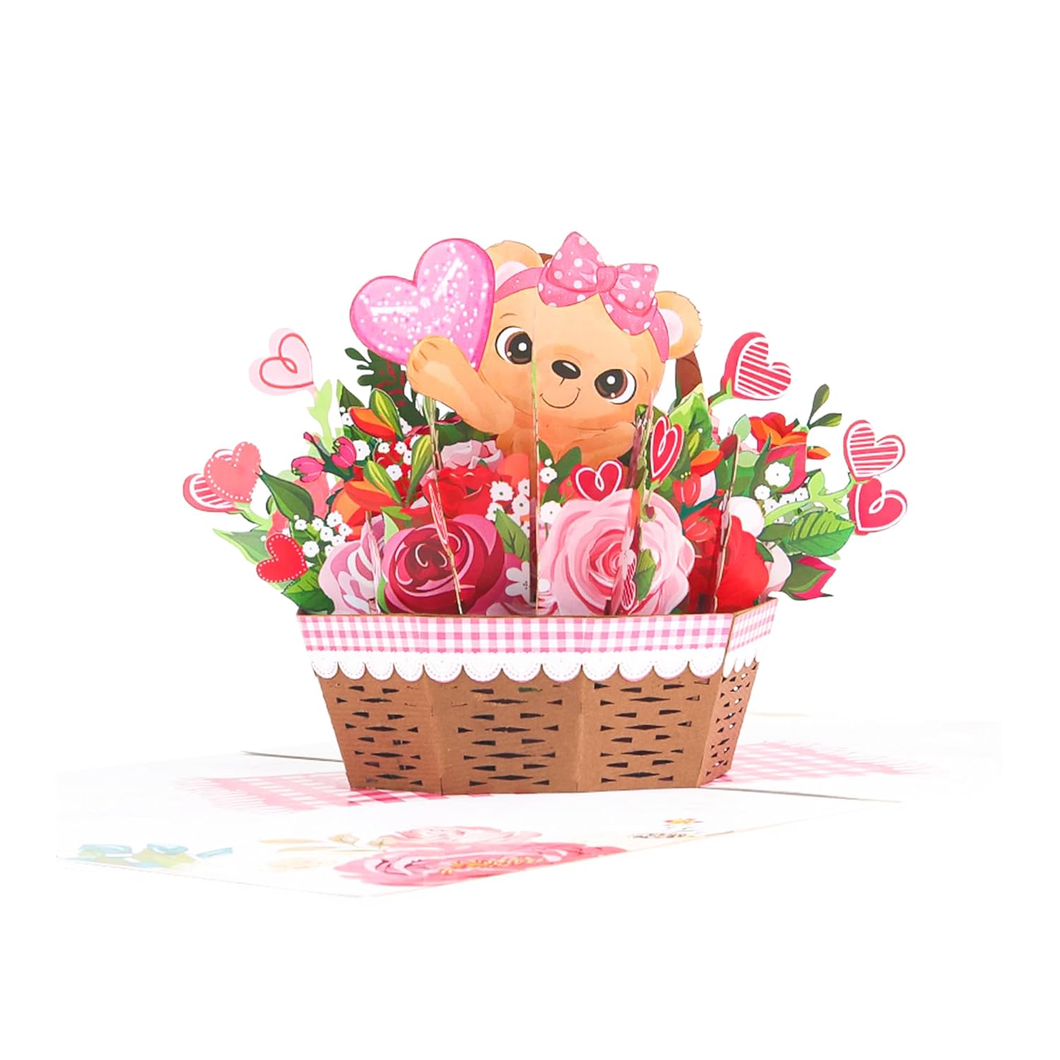 Love Teddy Bear Flower’S Basket Pop Up Card - 5X7 Inches Birthday Greeting Card, 3D Popup Bear Design - Attractive & Adorable Perfect For Animal Lover - Valentines Gift For Girls And Boys