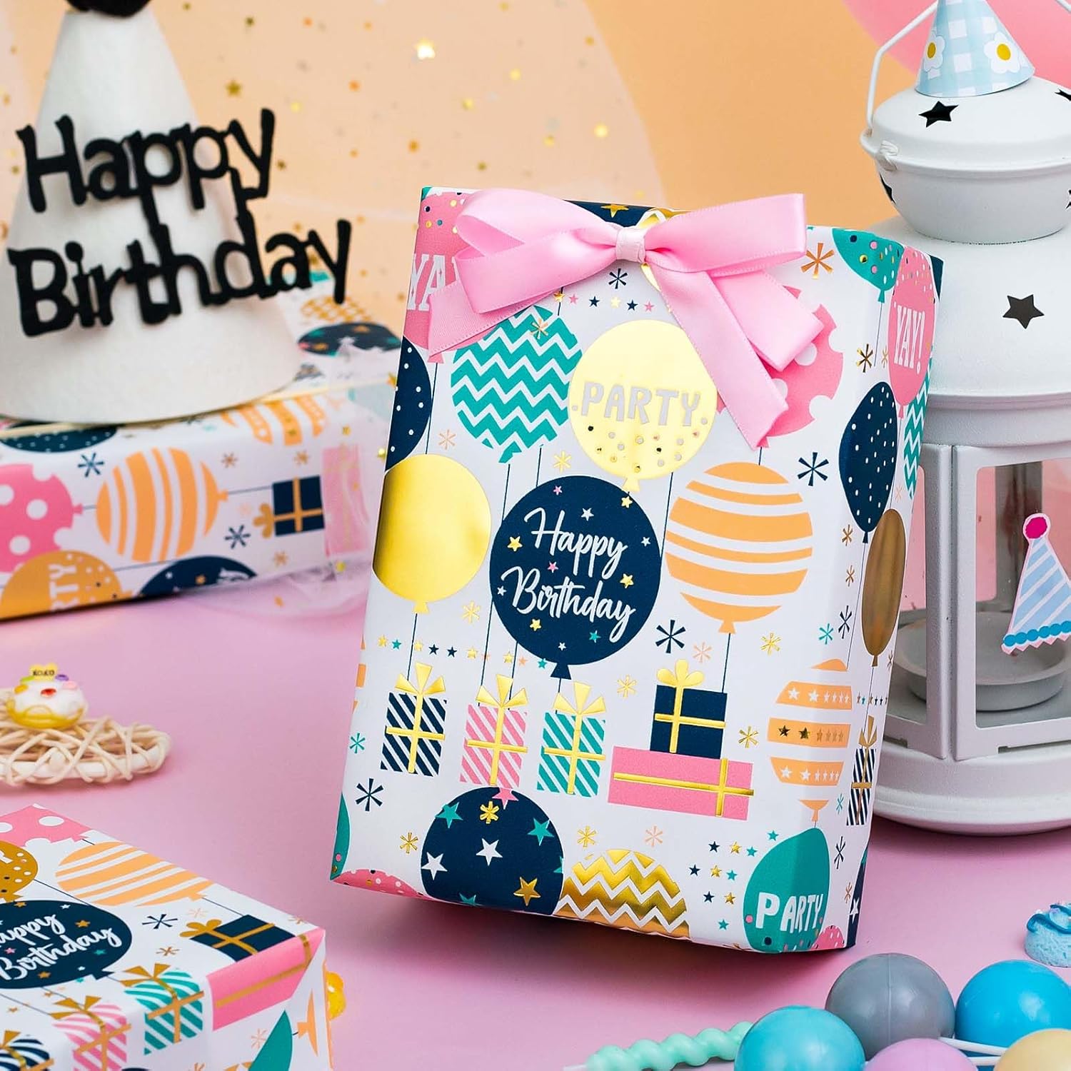 Birthday Wrapping Paper Roll - Cute Colorful Balloon With Gold Foil Metallic Shine Gift Wrap Paper For Birthday, Baby Shower, Party - Mini Roll - 17 Inch X 33 Feet