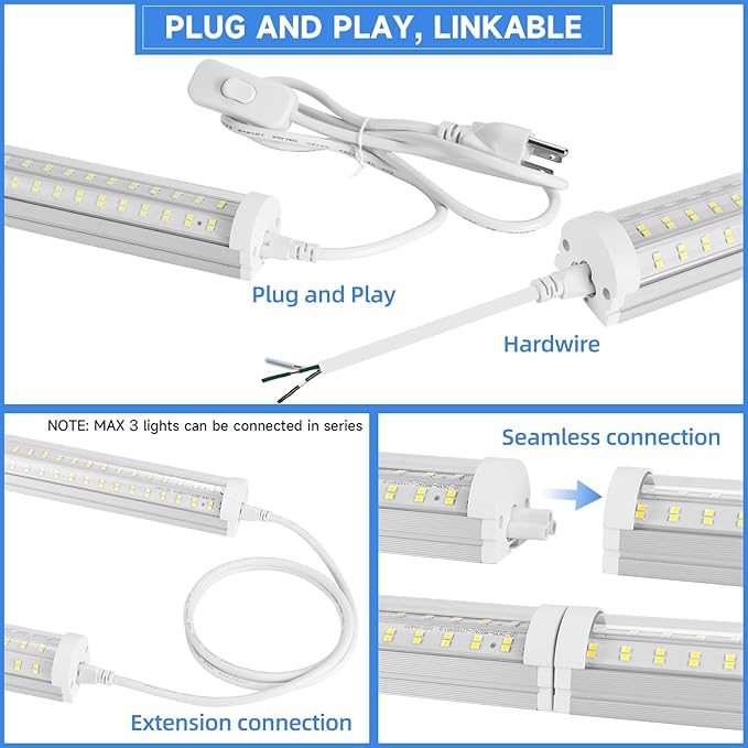 8 Pack 8FT U Shape LED Shop Lights 125W 20000LM 6500K Linkable Plug and Play Garage Lights