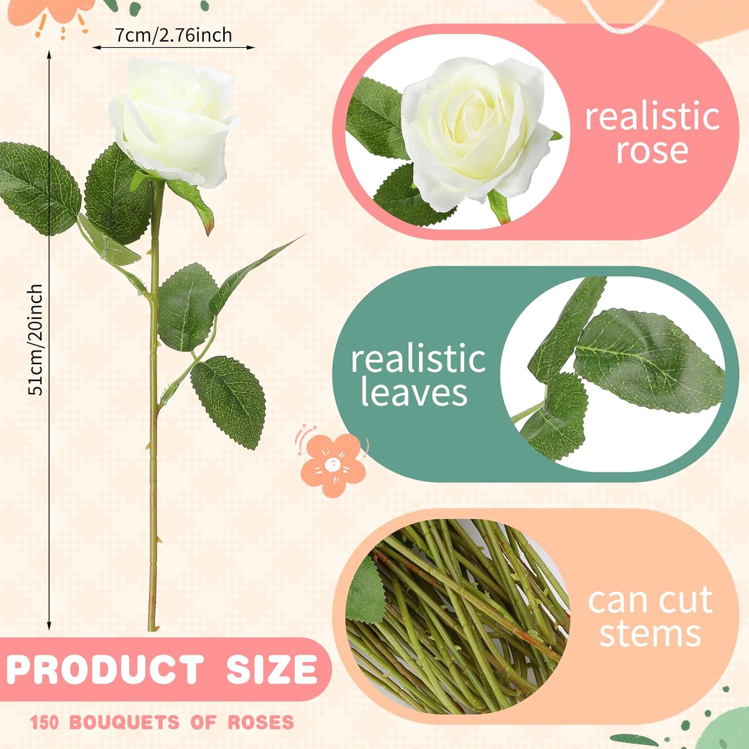 150 Pcs Artificial Silk Roses Flowers Bulk For Weddings, Valentine'S Day & Home Decor - Realistic Long Stem Flowers(White)