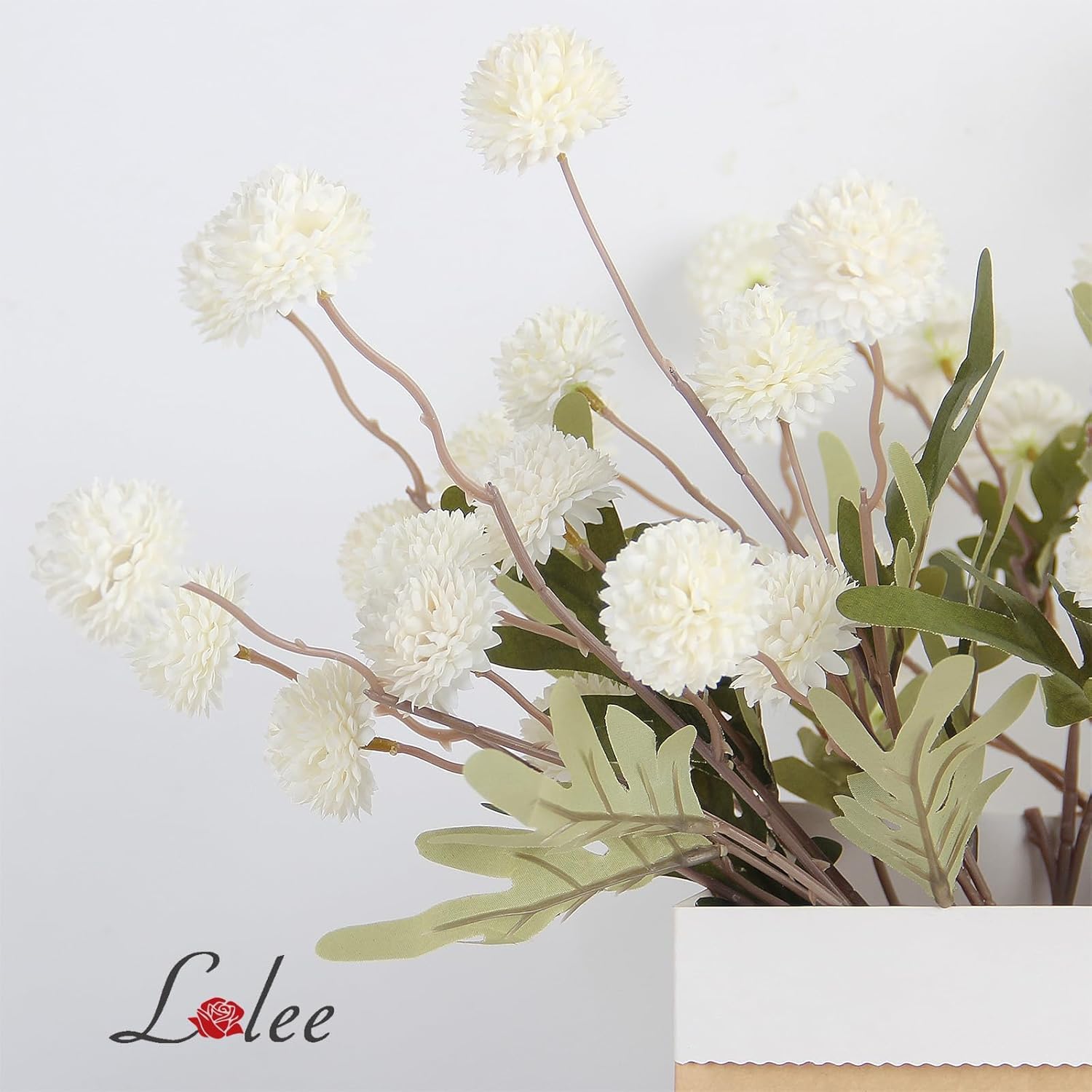 Faux Pompon Mum Flowers - 14Pcs Realistic Artificial Chrysanthemum Flower, Beige Silk Fake Kiku Blooms Flower Bulk With Eucalyptus Stems For Home Decor, Wedding Centerpieces, Floral Arrangements