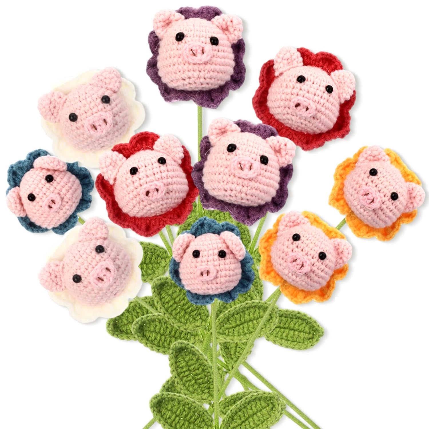 10 Sets Positive Pig Crochet Flower Bulk For Women Cute Handmade Crochet Pig Flower Emotional Support Valentine'S Day Appreciation Gifts For Mom Teacher Nurse Coworker Employee Office Staff