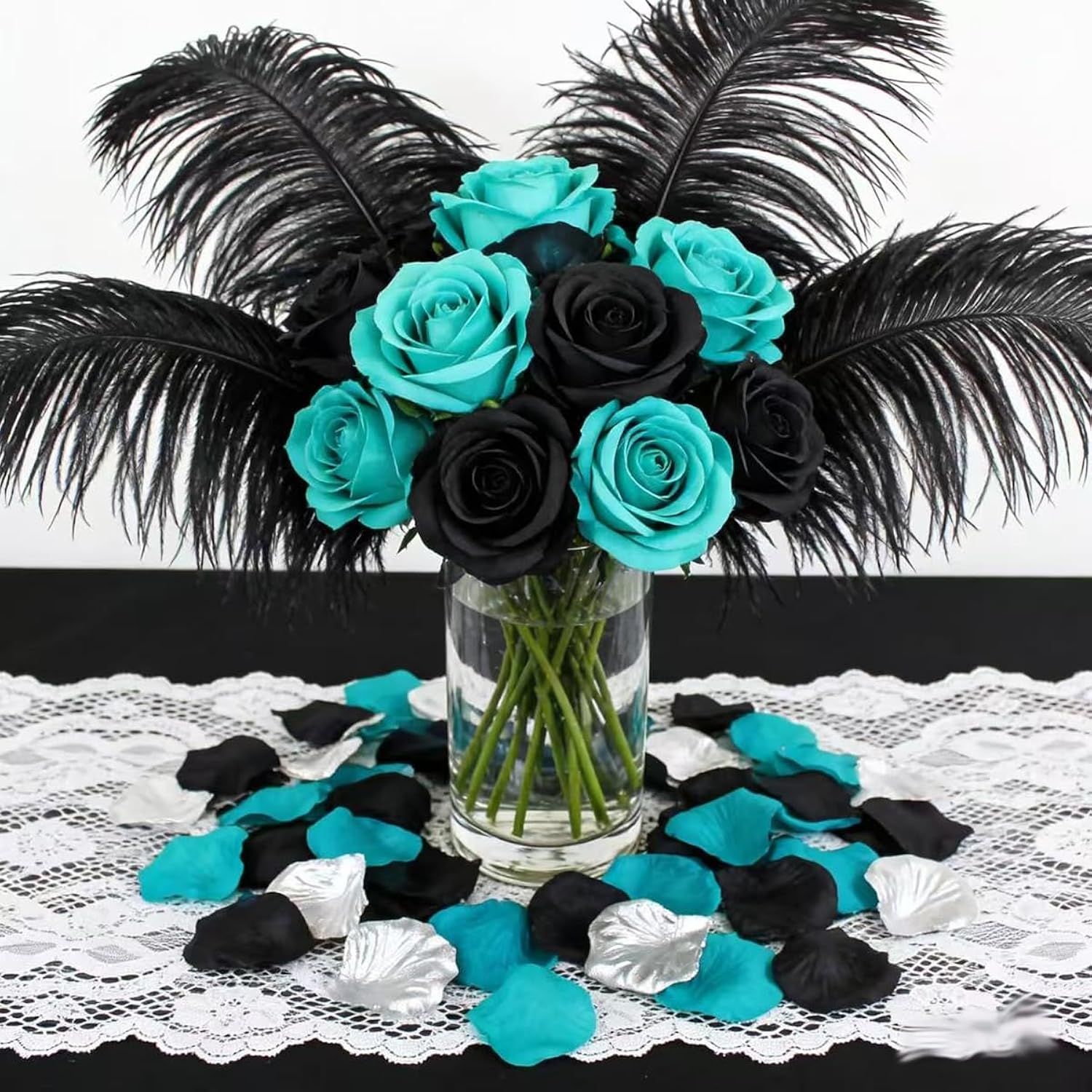 900 Pcs Teal Turquoise Aqua Black Silver Flower Petals Artificial Rose Flowers For Table Centerpieces Scatters Wedding Aisle Flower Girl Petals Party Home Decor