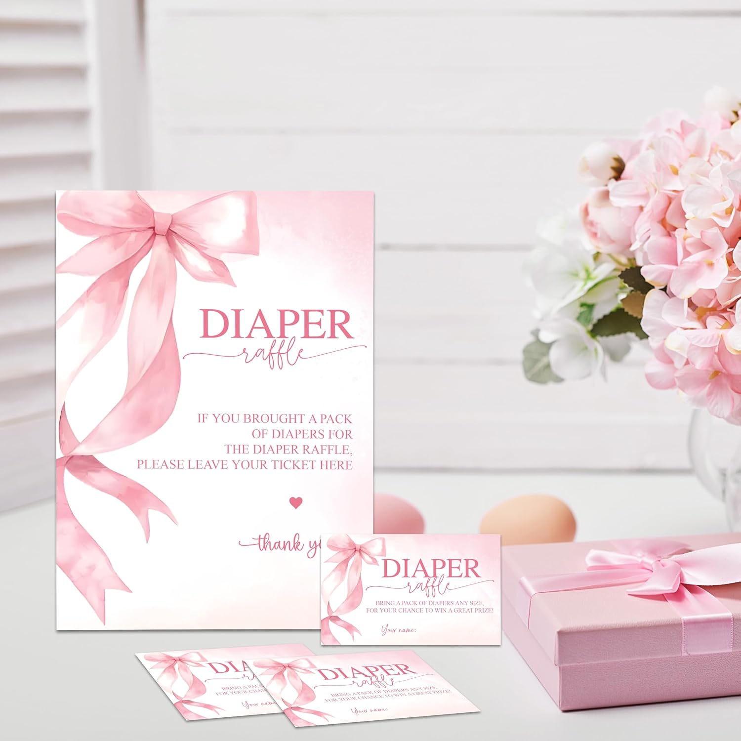 Baby Shower Diaper Raffle Game Set - Pink Bow 1 Standing Sign & 50 Diaper Raffel Tickets - Baby Announcement, Gender Reveal Party Activities & Decorations For Girls - A05