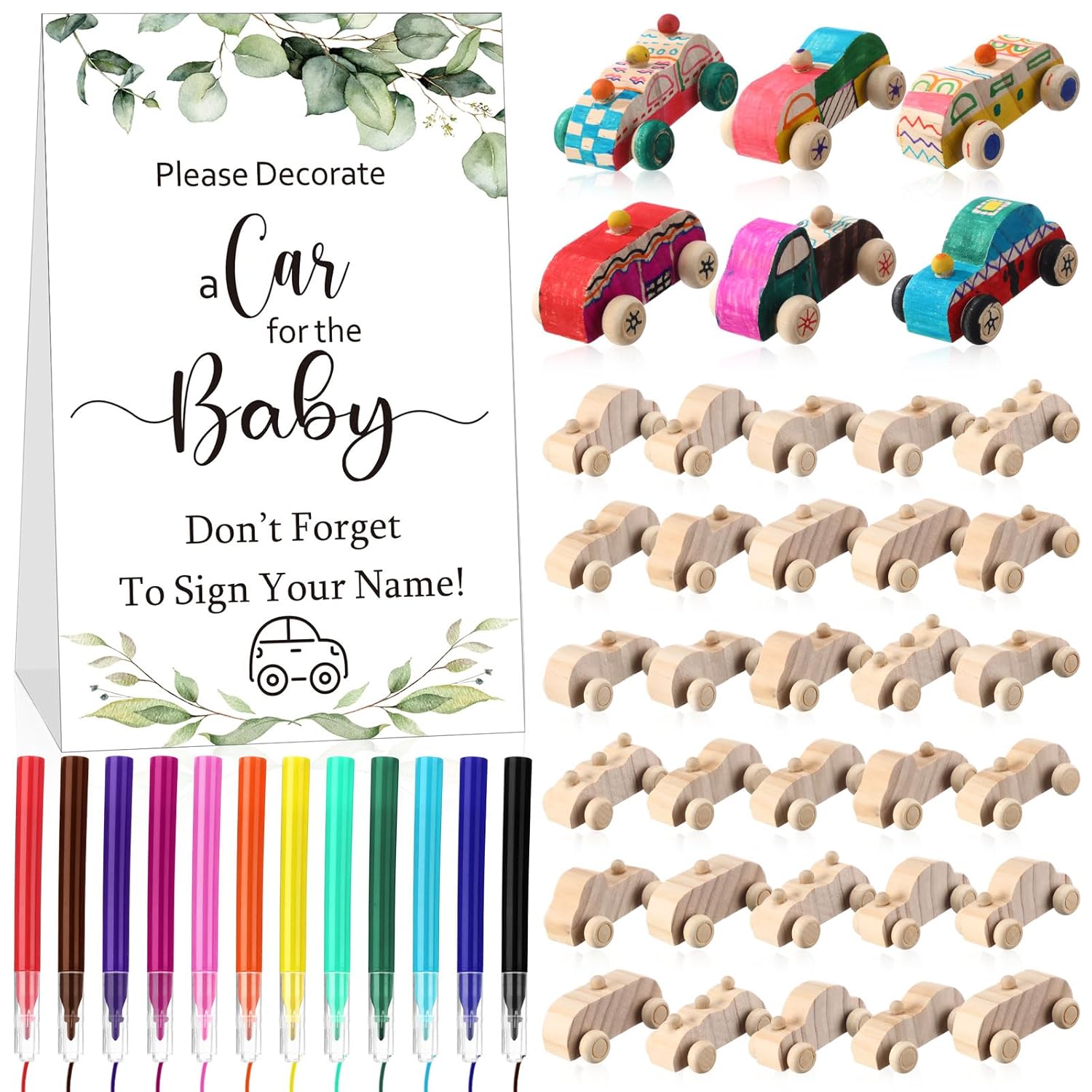 Baby Shower Game Sign Kit Includes 32 Unfinished Wooden Car Blocks, 12 Markers, And A Prize Decoration Sign For Baby Shower(Leaf)