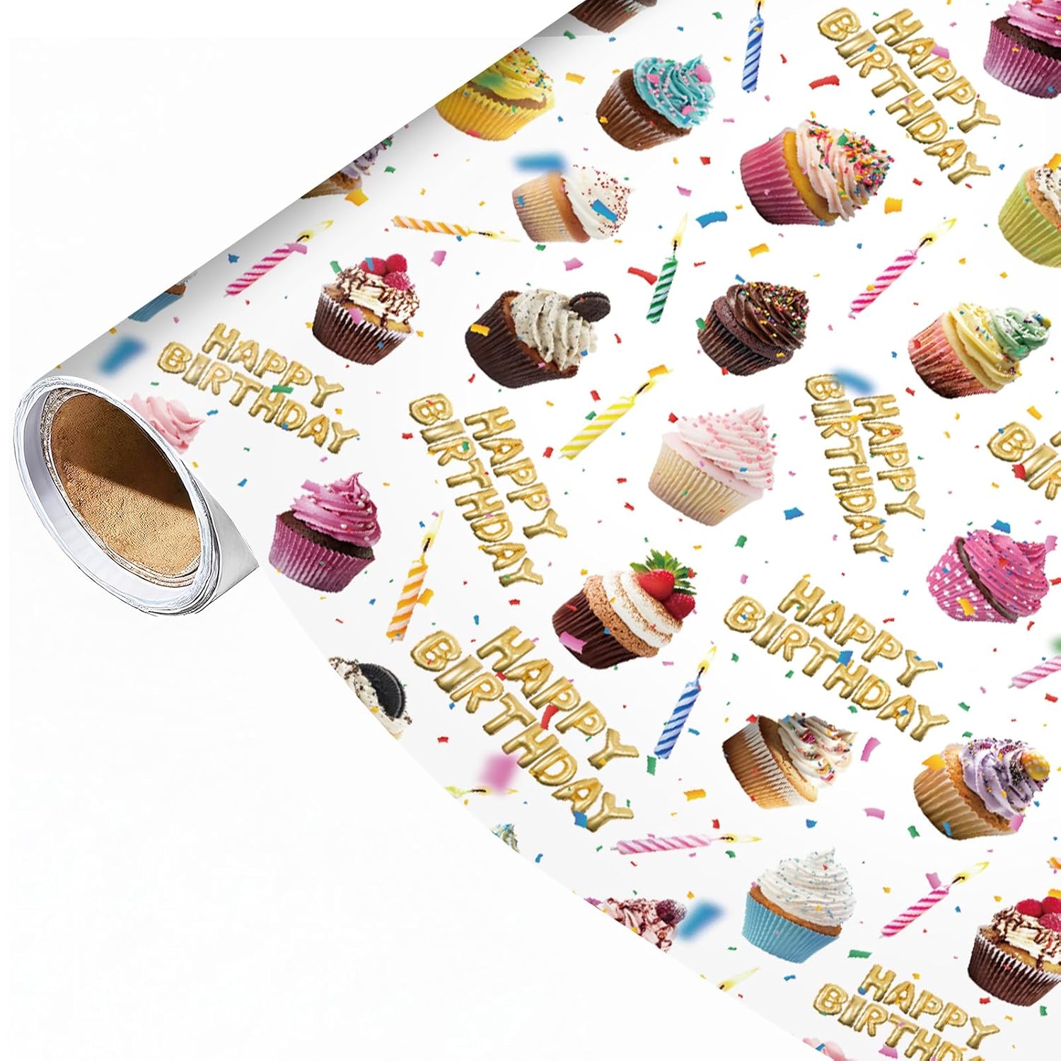 Happy Birthday Wrapping Paper Roll - 17Inch X 16.4Feet - Cake Balloons Confetti Theme Gift Wrap For Birthday Parties,Celebrations