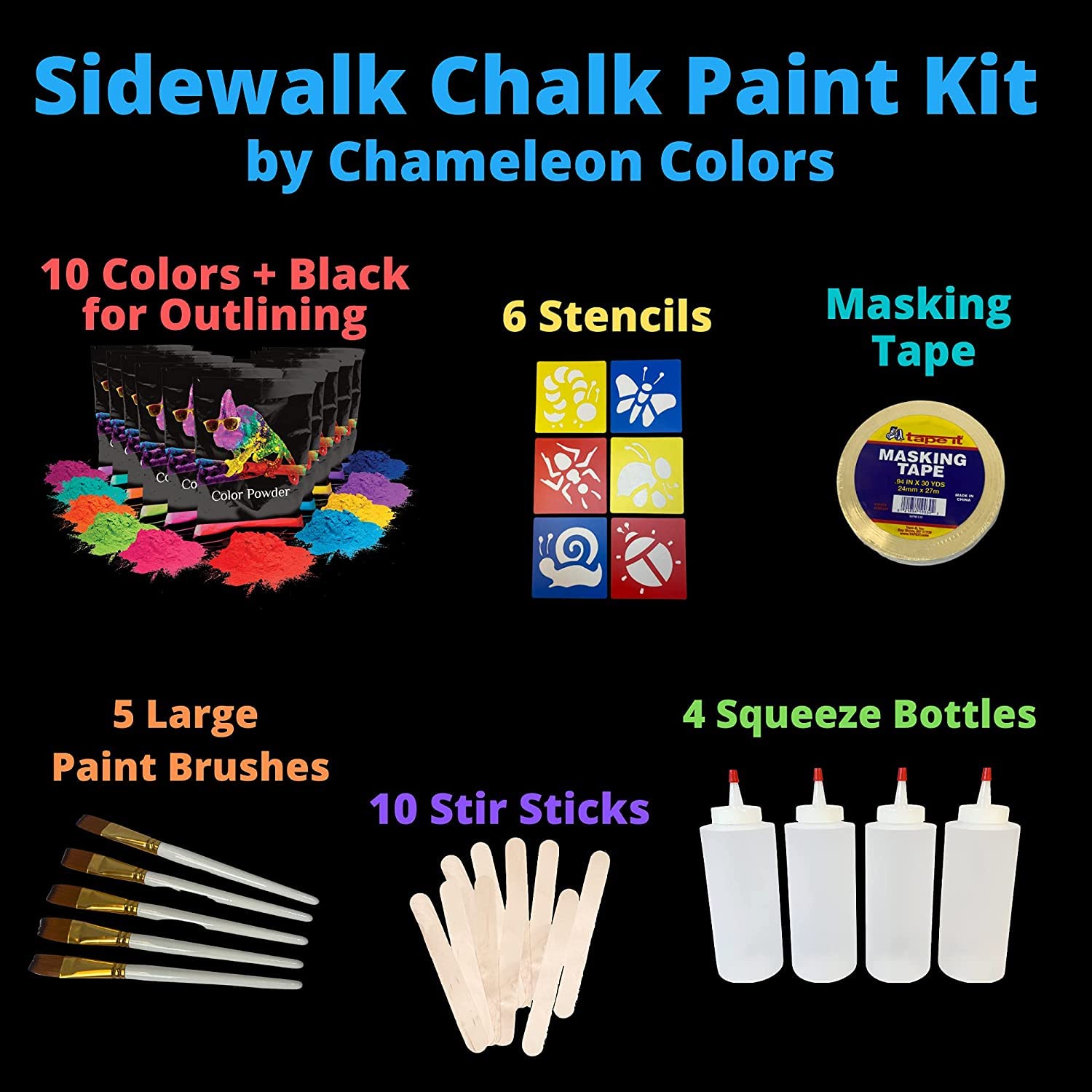 Ultimate Sidewalk Chalk Paint Kit - Fun, Washable Art Supplies - 11 Colorful Chalk Powders, 4 Squeeze Bottles, 5 Brushes, 10 Stir Sticks, 6 Stencils & 1 Roll Of Masking Tape