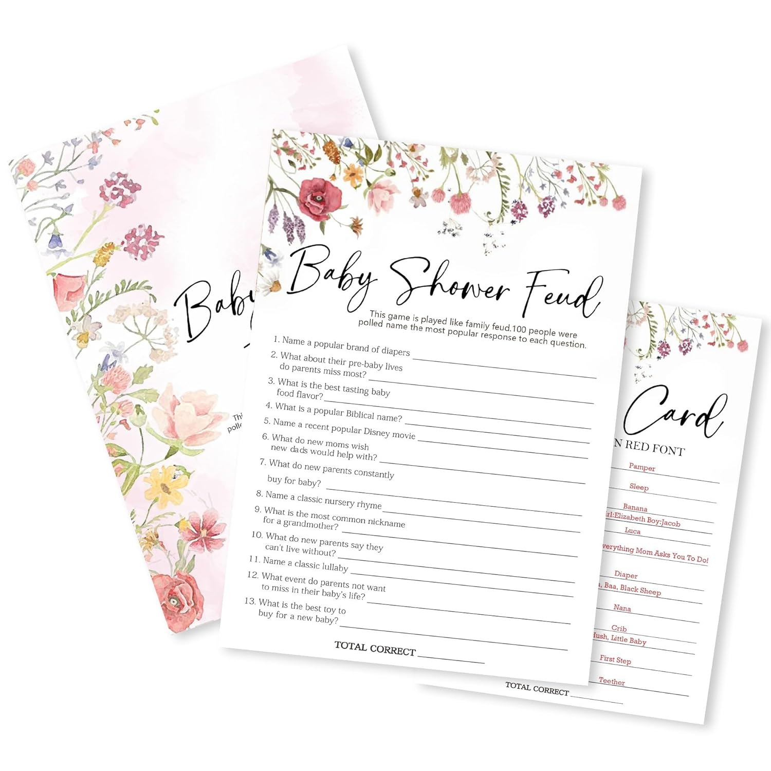 Floral Fill In Baby Shower Game Cards - Baby Shower Feud Game For Boys & Girls - Watercolor Flowers Baby Announcement Gender Reveal Baby Shower Party Activities For New Parents To Be - B10
