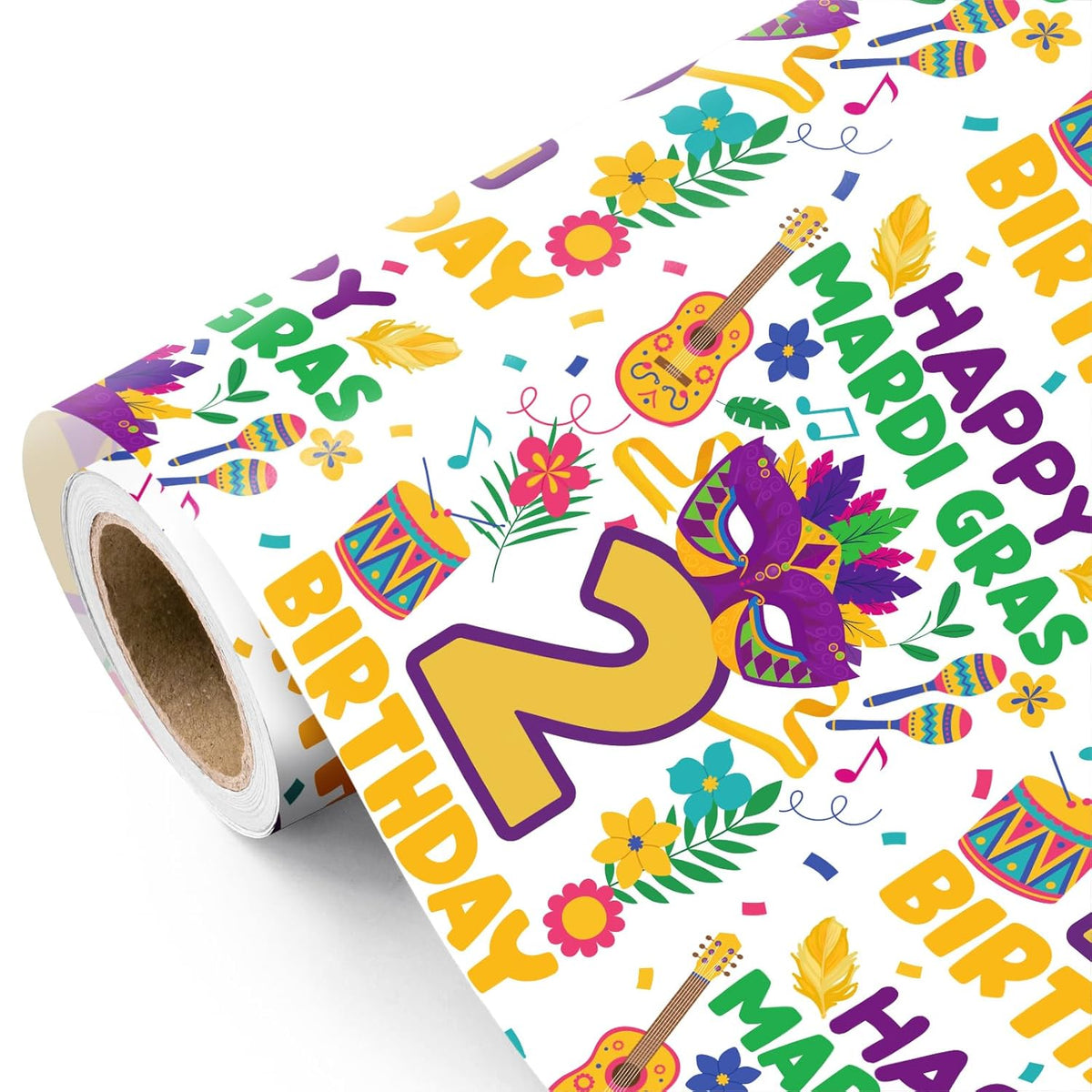 Carnival 2Nd Birthday Wrapping Paper Roll - Mini Roll - 17 Inch X 16.5 Feet - Happy Mardi Gras Wrapping Paper For Kids Boys Girls Birthday, Carnival, Mardi Gras Party