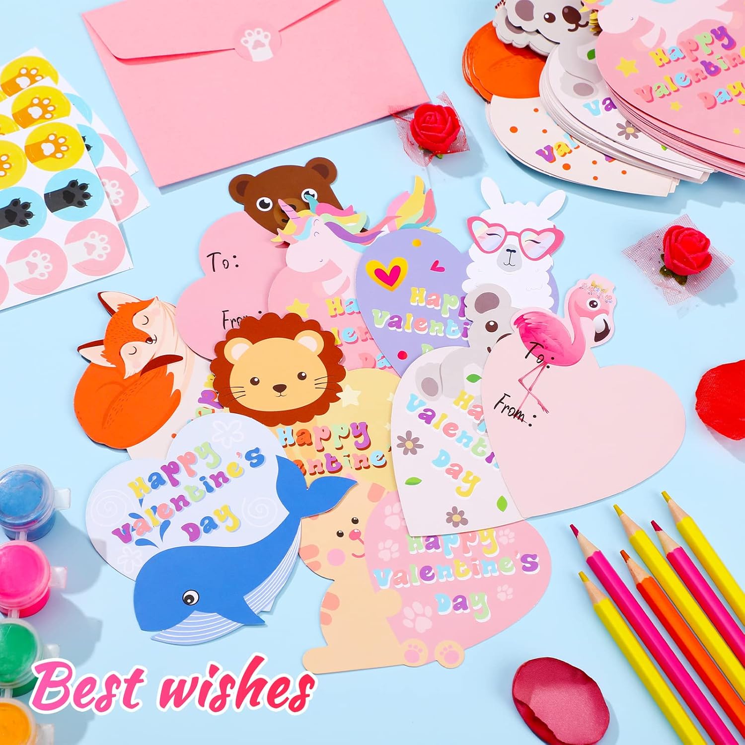 200 Pcs Mini Valentine'S Day Cards Assortment Bulk Classroom Exchange For Kids Greeting Animal Box Foldable Love Heart Greeting Cards With Envelopes And Stickers