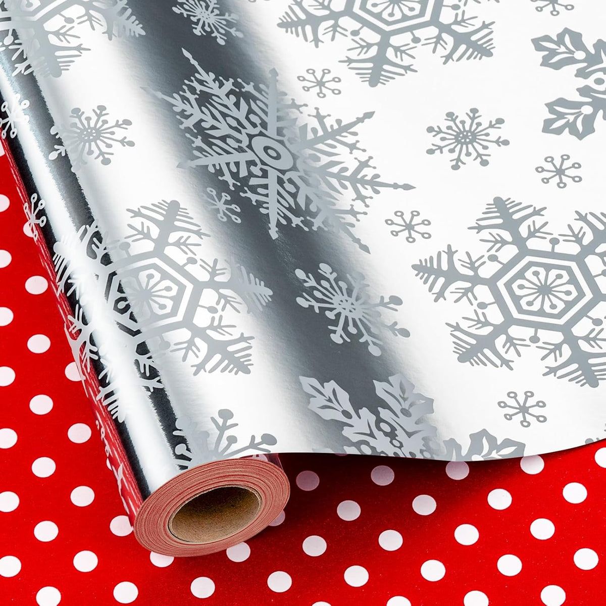 Reversible Christmas Wrapping Paper, Silver Snowflakes Wrapping Paper, Minimalist Festive Winter Snowflake Christmas Gift Wrap W/Glossy Foil-Like Shine For Holiday Presents (17 Inch X 33 Feet)