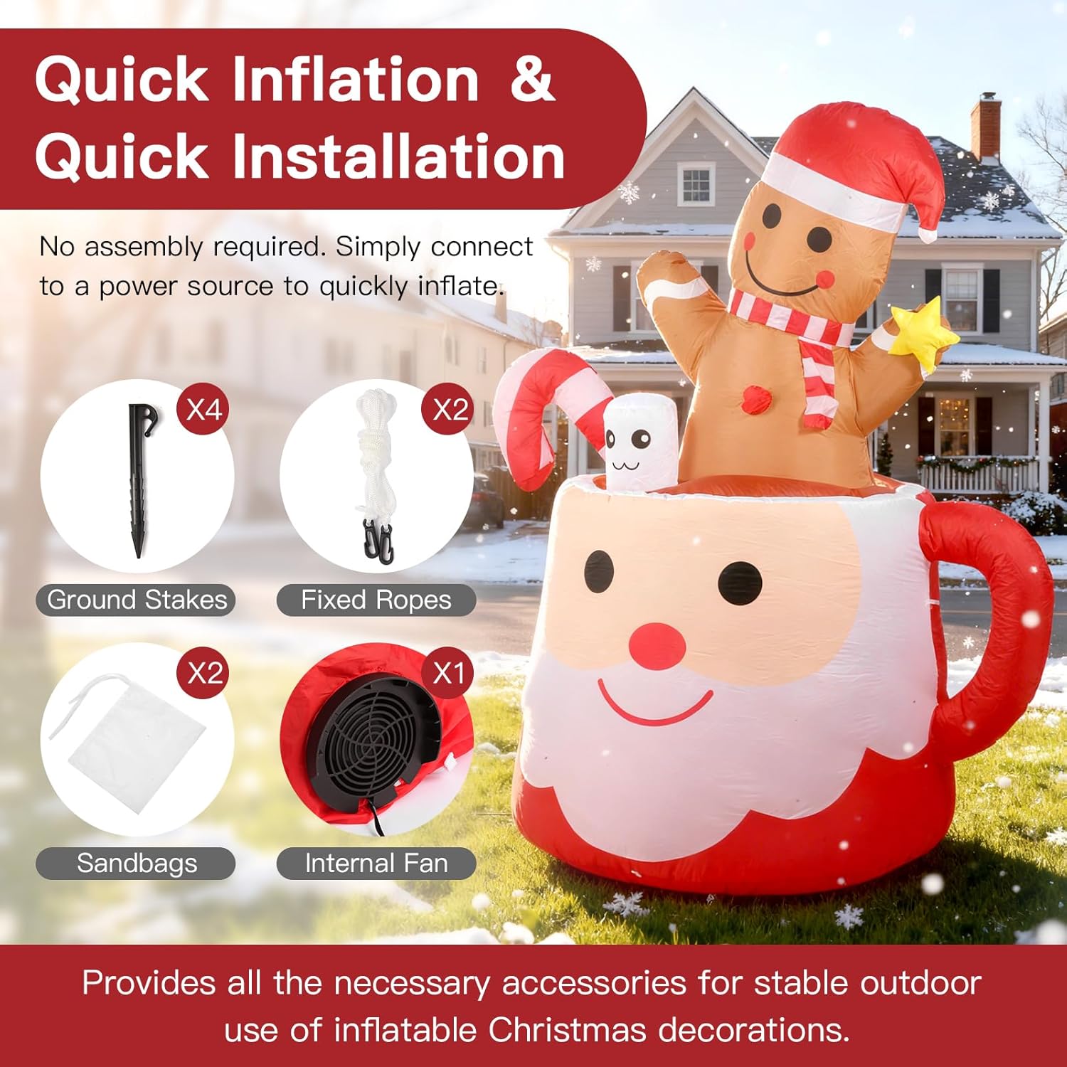 6Ft Gingerbread Christmas Inflatables Decorations Outdoor?Blow Up Christmas Decoration Gingerbread Man Mug With Built-In