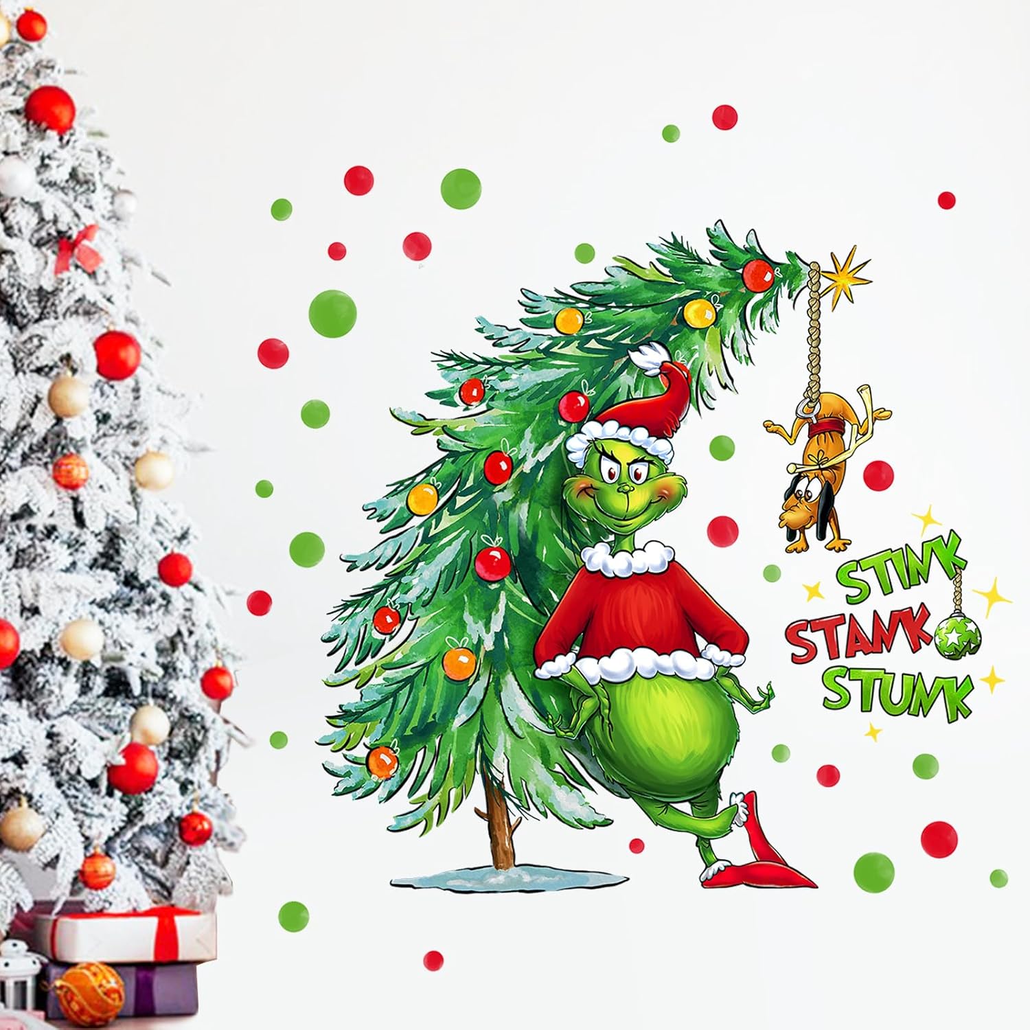 Merry Christmas Wall Decals Stickers, Xmas Tree Max Dog 2026 New Year Bedroom Decor Home Kitchen Decorations, Winter Holiday Red Green Polka Dots Farmhouse Living Room Art Kids Boys Girls Gift