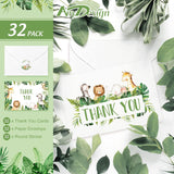 32 Safari Jungle Thank You Cards With Envelopes Stickers Forest Wild Animals Greenery Greeting Note Cards Gratitude Card Pack For Kids Baby Girls Boy Birthday Baby Shower Party Supplies