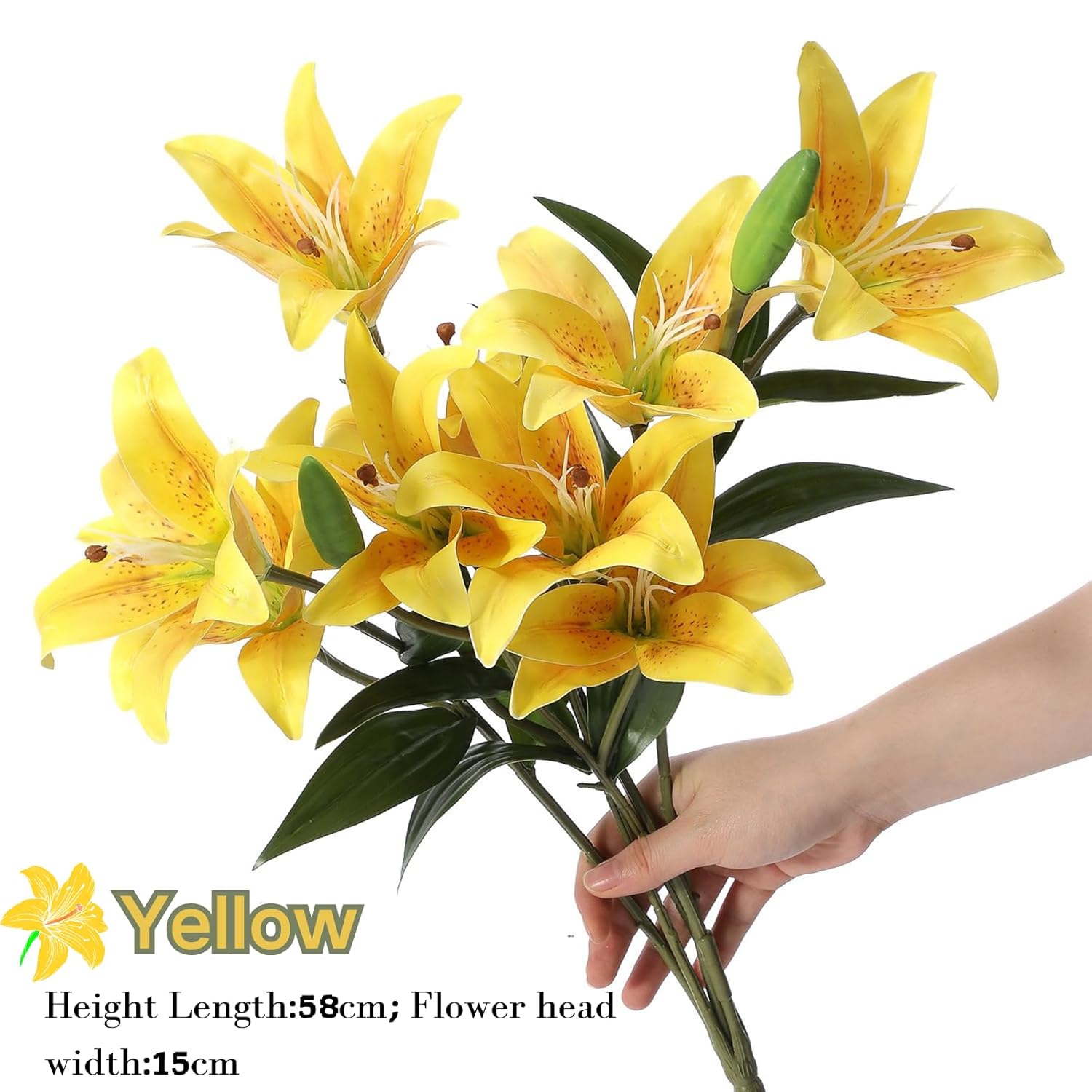 18 Heads Artifical Lilies Flowers, Yellow Fake Lily With 9 Heads Full Bloom Lily & 3 Buds-Faux Lilies Bouquets For Home Hotel Flower Arrangement Party Decoration(2, Bright Yellow)