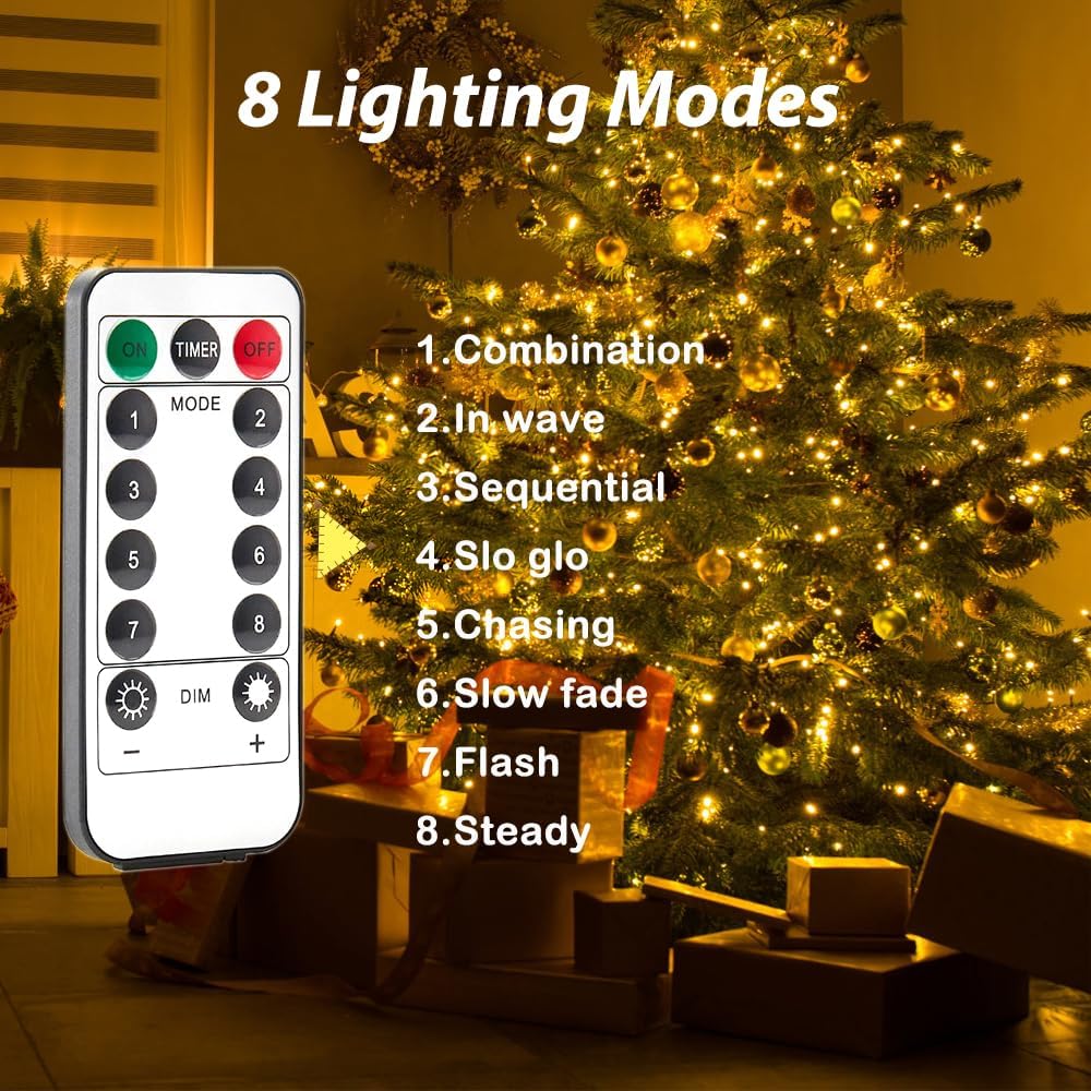 100FT Plug In Fairy Lights 300 LED Warm White Silver Wire String Lights with Remote 8 Modes Waterproof for Bedroom Garden Wedding Party Decor