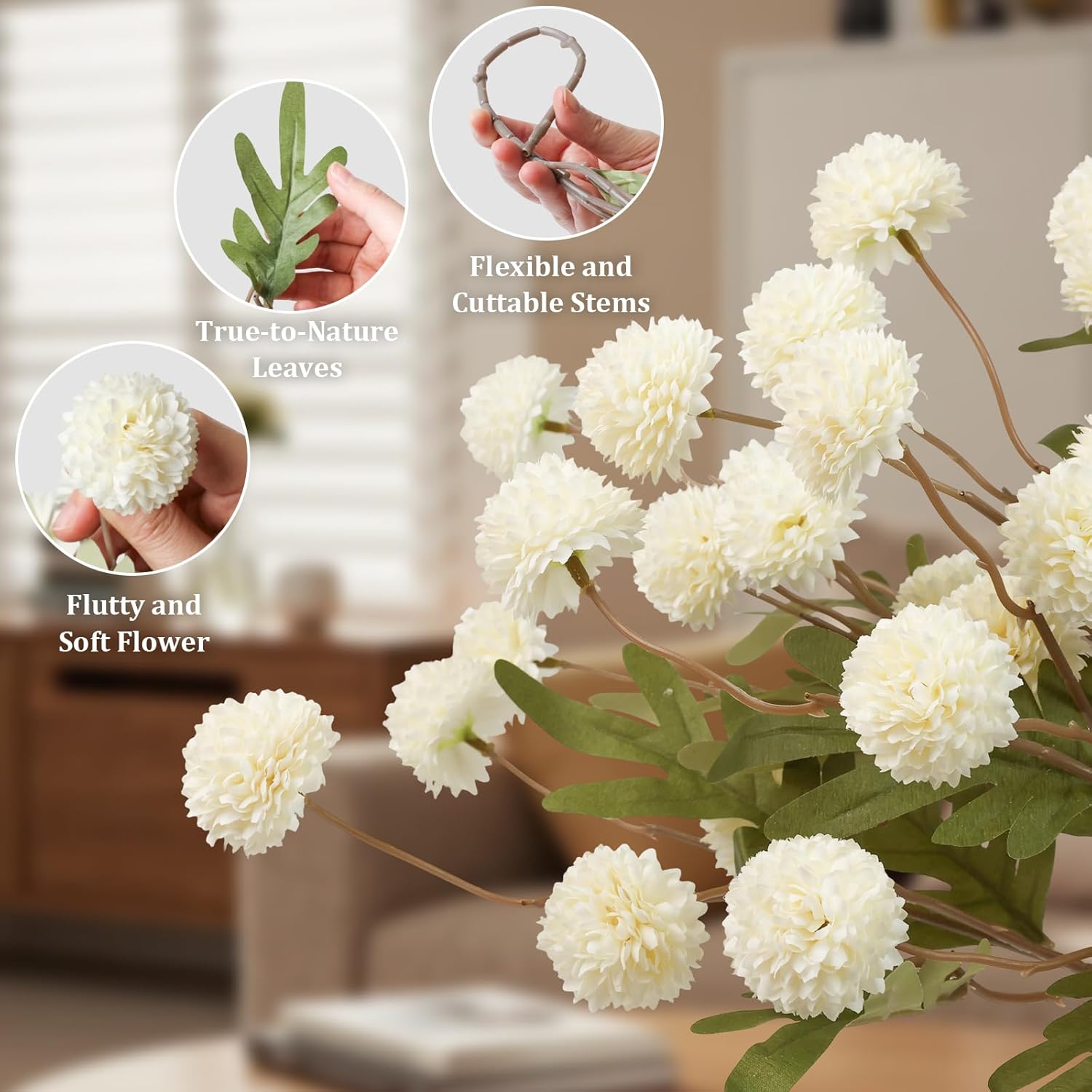 5Pcs Faux Flowers For Vase,Bulk Artificial Flowers With Stems,Mini Fake Silk Mums For Diy Wedding Centerpieces Bouquet Floral Arrangements Vase Fillers Home Decorations,Ivory