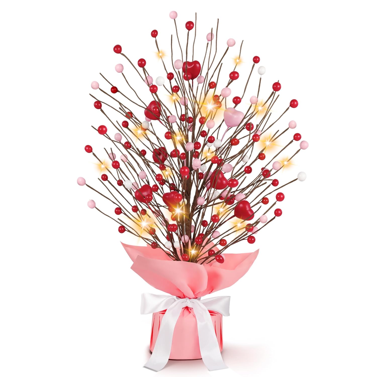 Heart-Shaped Artificial Berry Tree With Warm White Led Lights | Home Decor For Room, Mantel, Shelf & Tabletop Decoration | Indoor Fake Plant