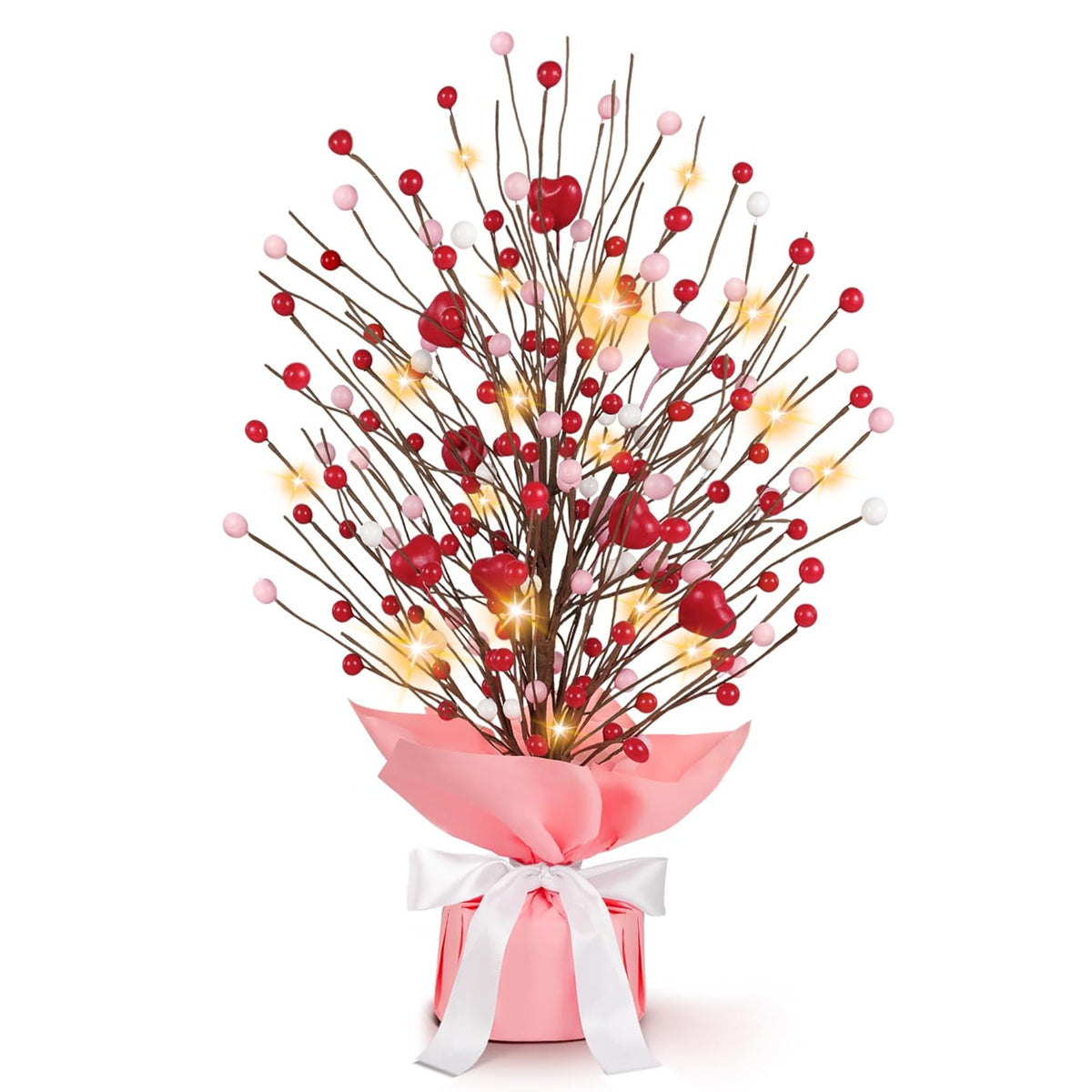 Heart-Shaped Artificial Berry Tree With Warm White Led Lights | Home Decor For Room, Mantel, Shelf & Tabletop Decoration | Indoor Fake Plant