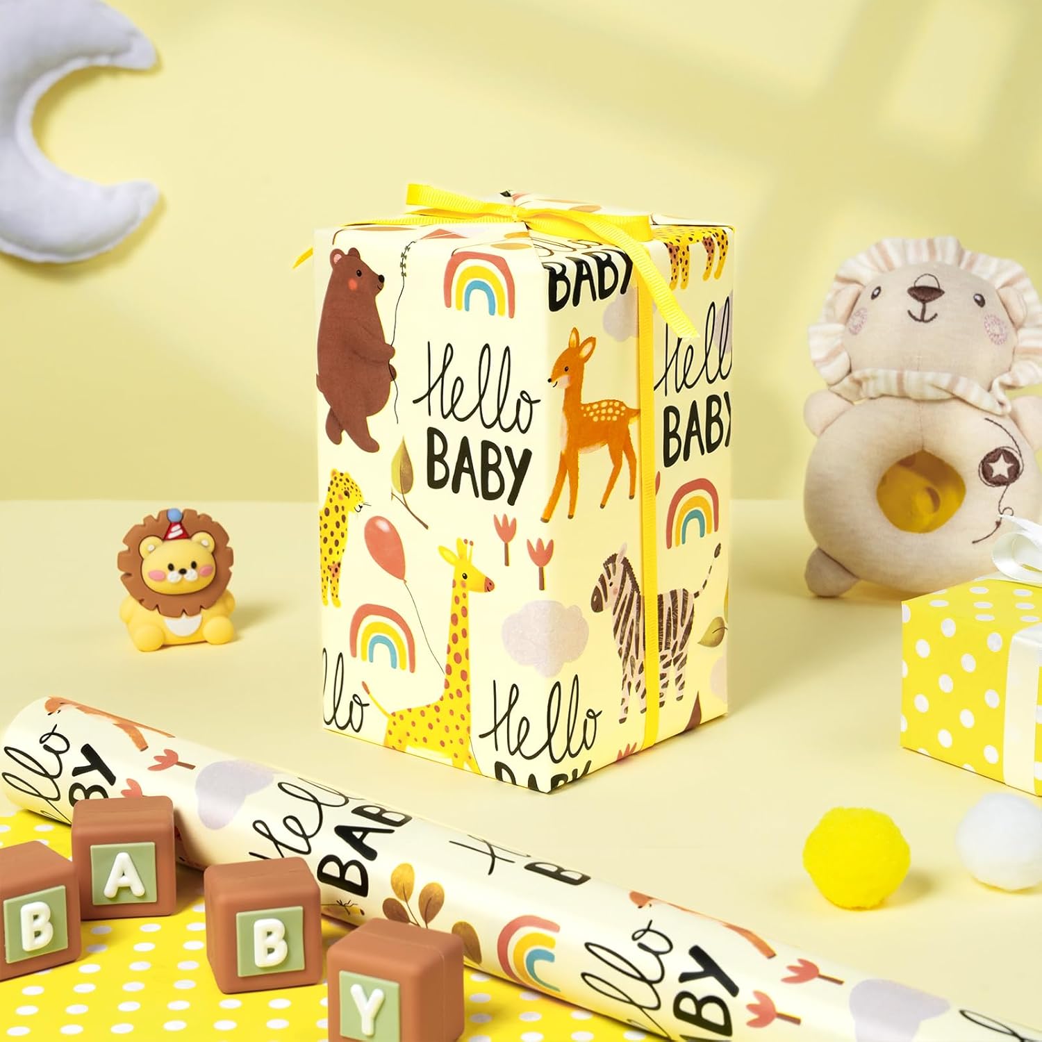 Baby Shower Reversible Wrapping Paper Roll, Mini Roll, Hello Baby Theme With Giraffe, Zebra, Bear, Deer, Rainbow & Yellow Polka Dots Gift Wrap For Birthday, Newborn Gift, 17 Inch X 9.8 Feet