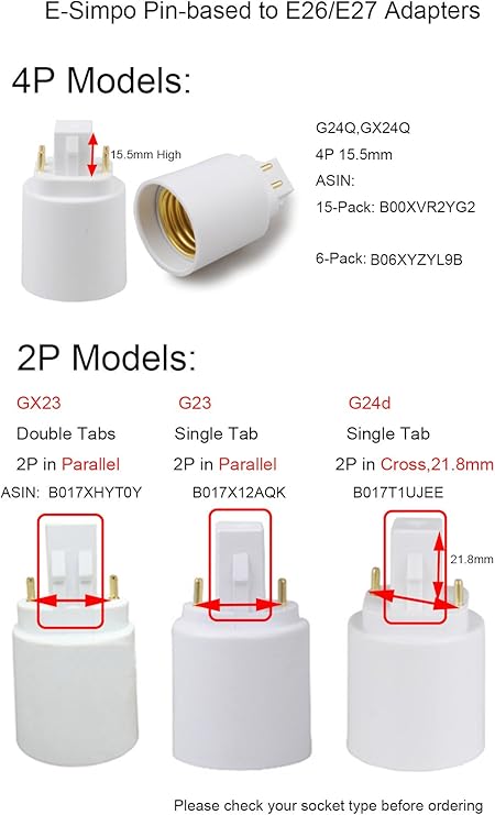 GX24Q to E26 E27 Light Socket Adapter 6 Pack 4 Pin CFL Converter Medium Edison Base UL Compatible