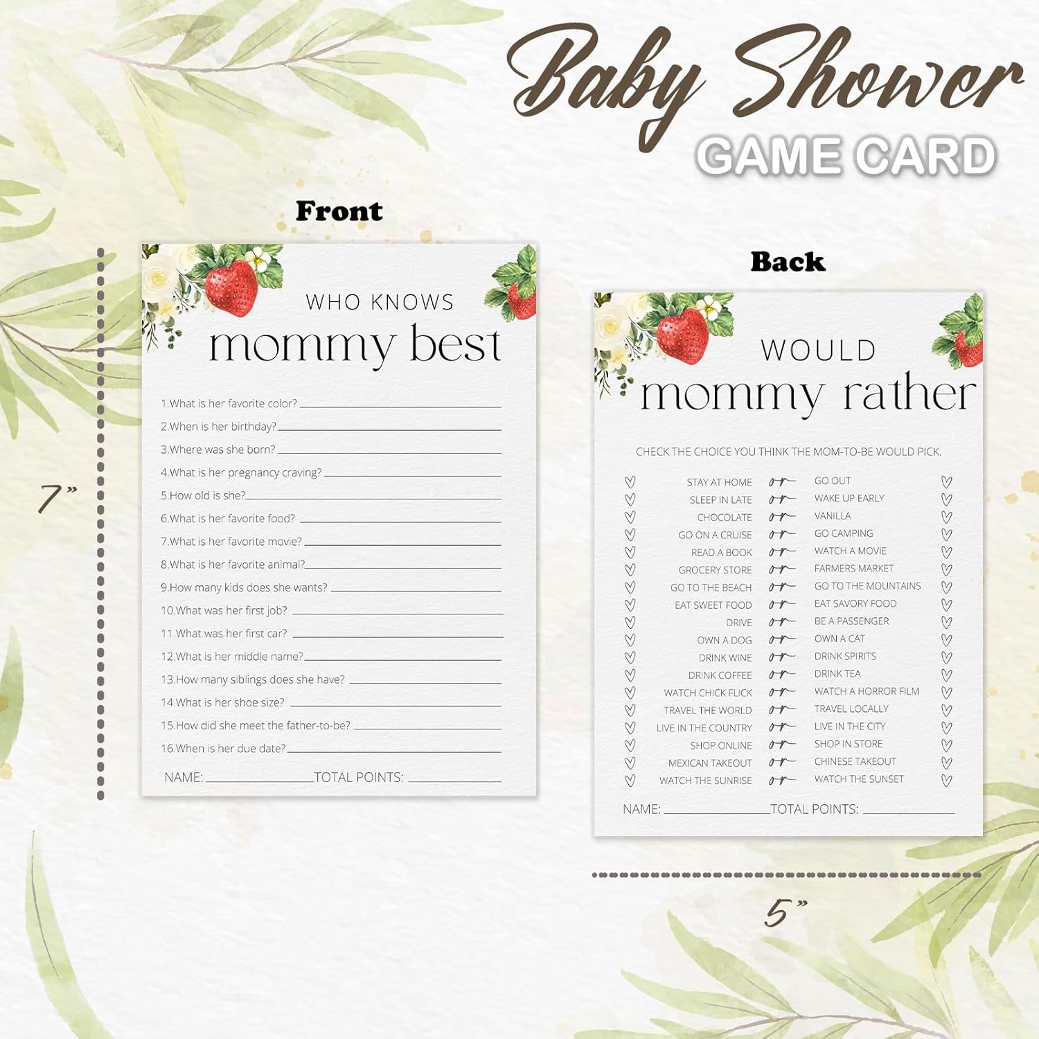 Hilarious Baby Shower Games, Who Knows Mommy Best Game, Would Mommy Rather Strawberry Sweet Baby Shower Decorations -30 Pcs, 5X7 In - H08
