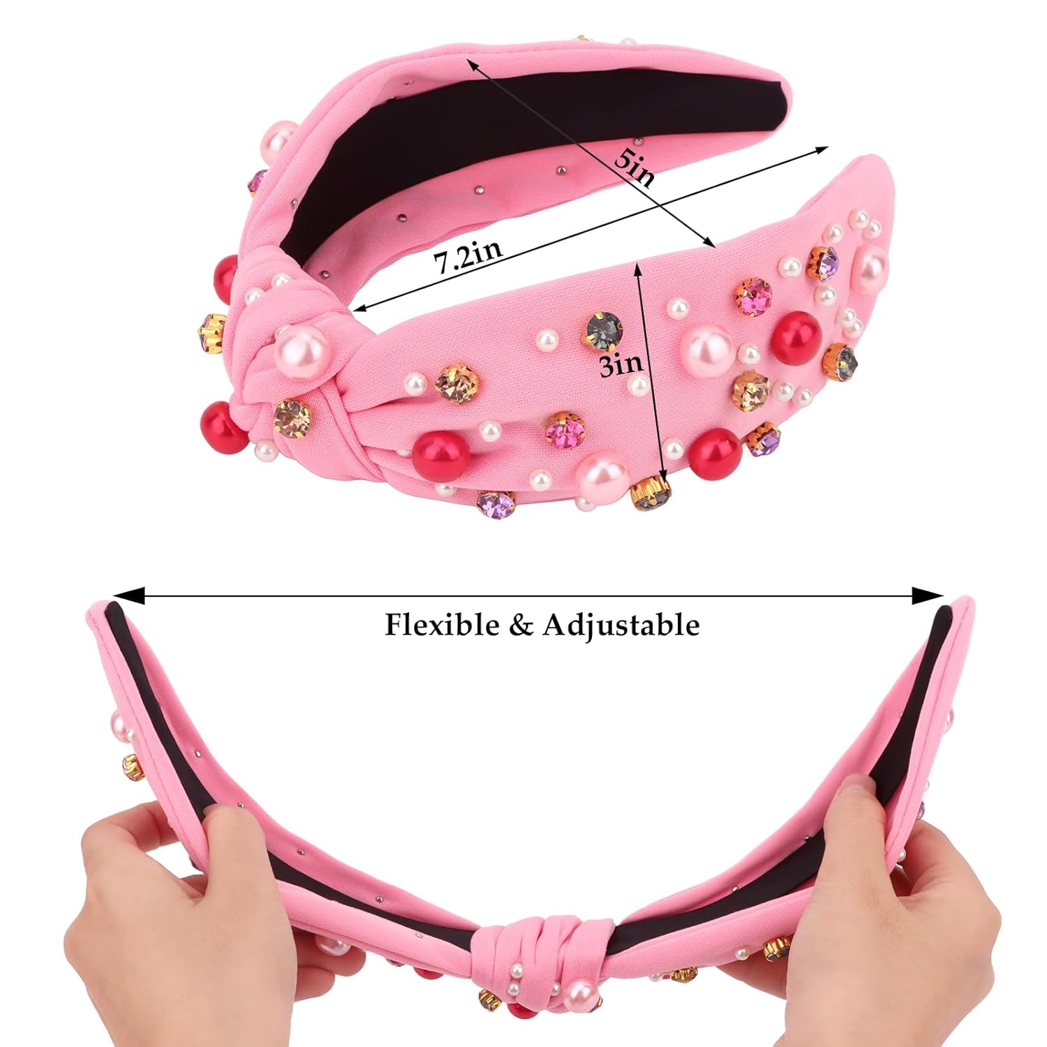 Valentine'S Day Headband For Women Girls Hot Pink Pearl Rhinestone Hairband Love Heart Knotted Headbands Crystal Jeweled Wide Top Knot Headpiece Valentines Hair Accessories Party Holiday Gifts