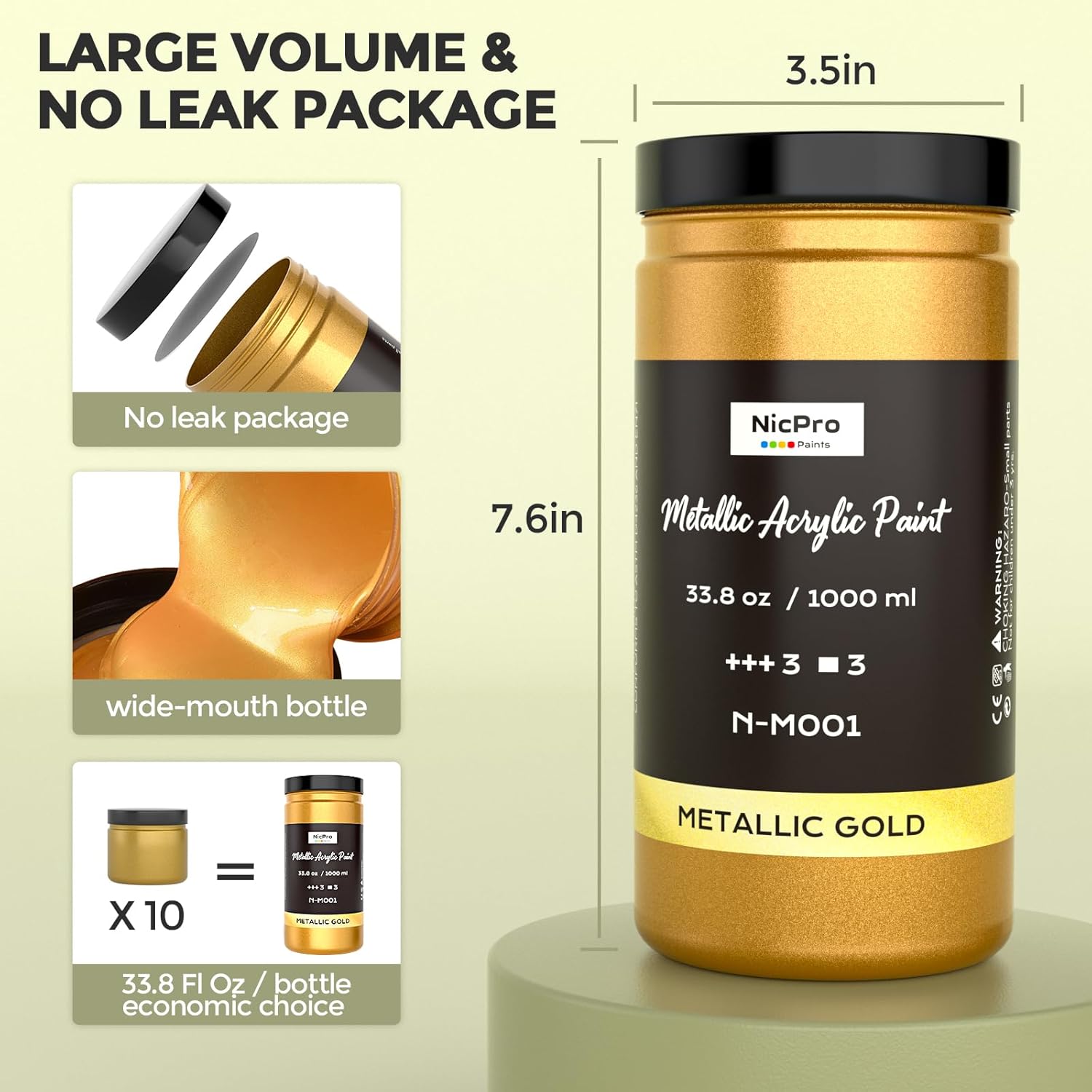 Large Acrylic Paint Metallic, 3 Colors Gold, Silver, Copper 101.4Oz/3000Ml Gold Leaf Paint, Non Toxic, Non Fading For Art Painting, Handcrafts, Multi-Surface, Canvas, Wood, Clay Metal Furniture