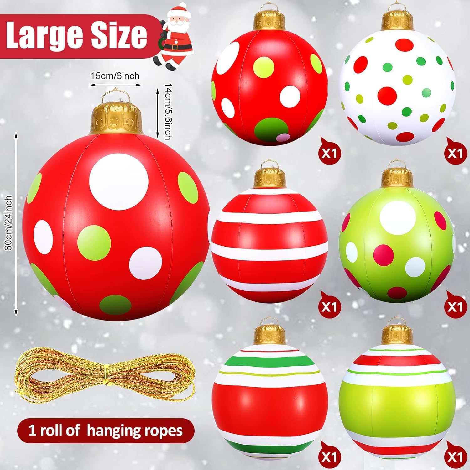 6 Pcs 24 Inch Inflatable Christmas Ball Ornaments - Large Pvc Oversized Christmas Tree Ornaments For Yard Lawn Holiday P