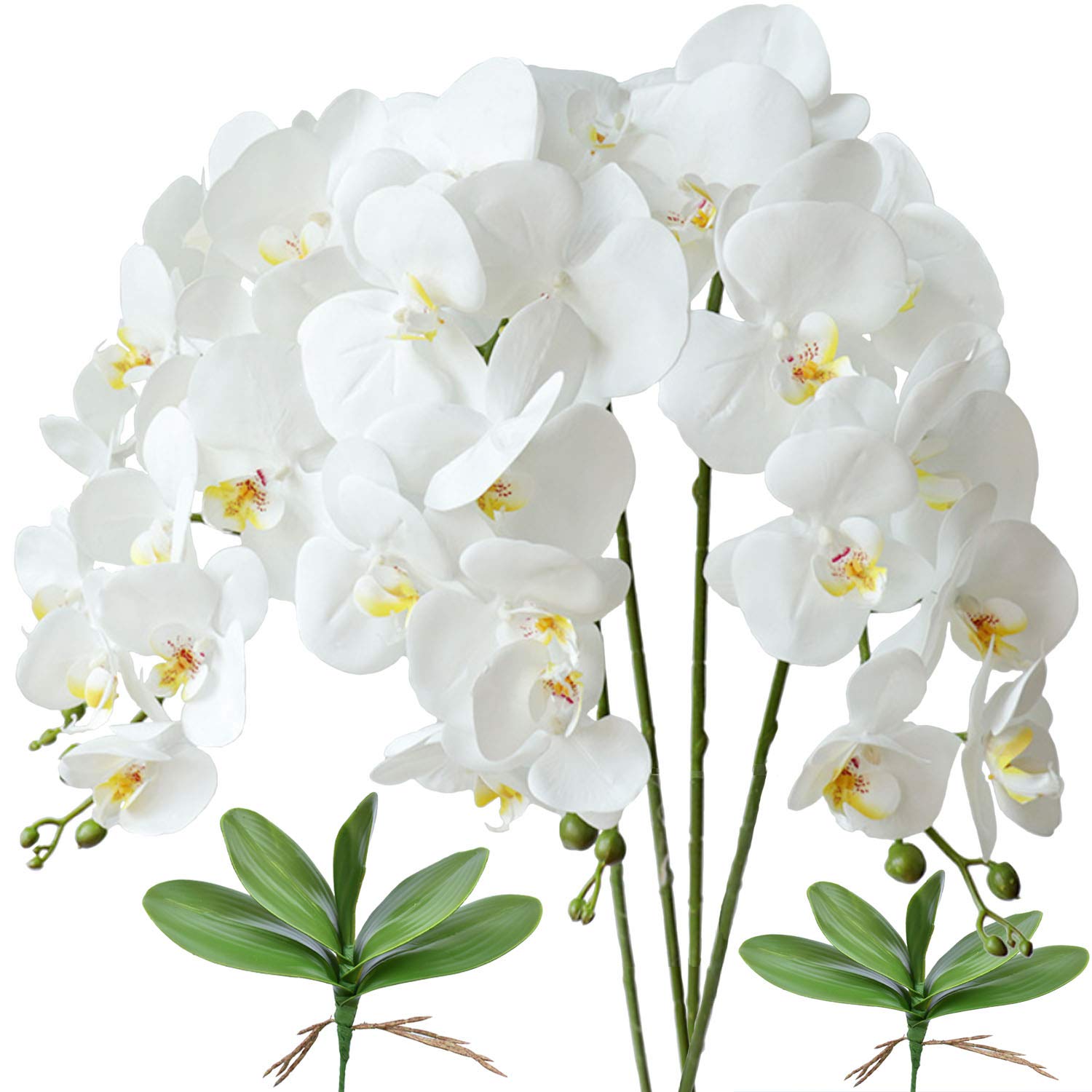 32" Artificial Phalaenopsis Flowers 4 Pcs With 2 Bundles Leaves Artificial Orchid Flowers Stem Plants For Home Décor (White)