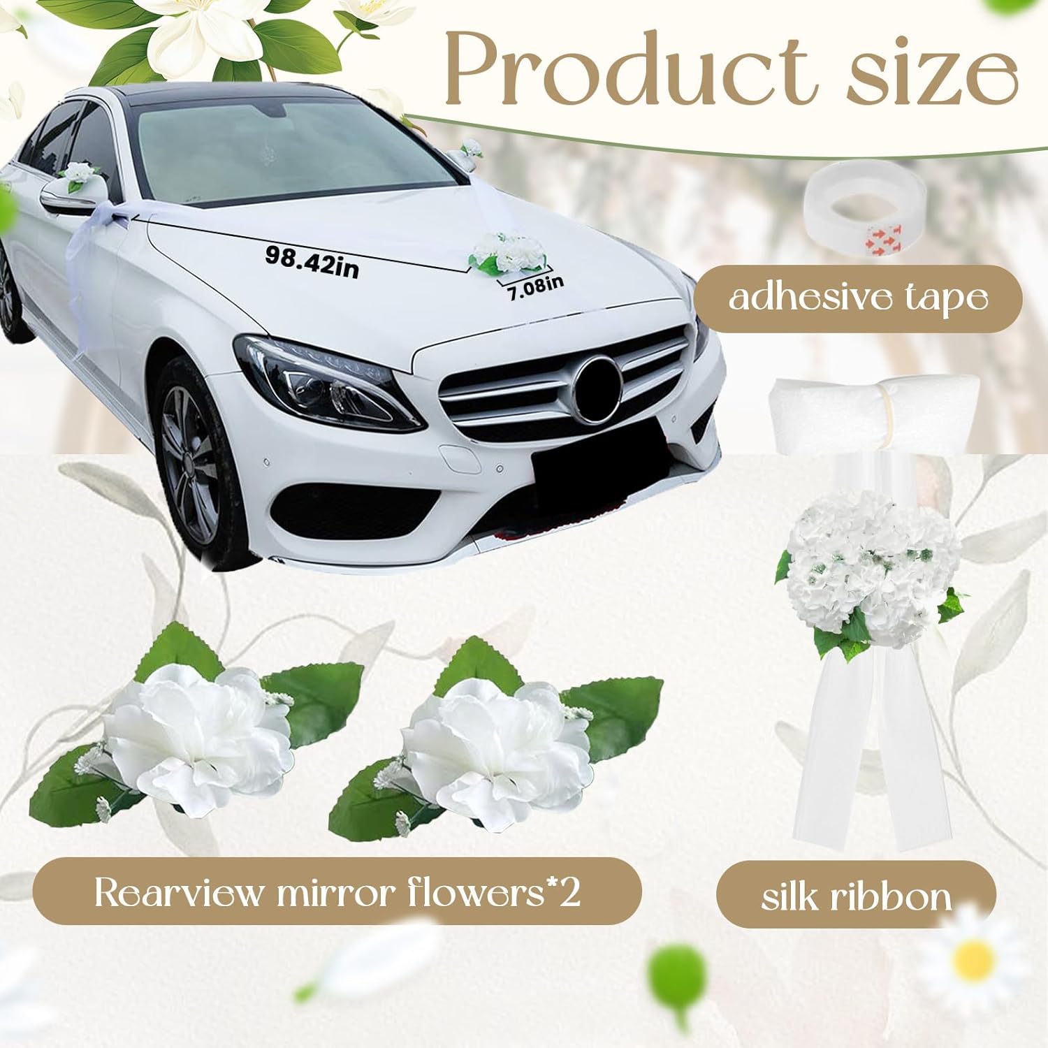 Wedding Car Decoration With White Satin Ribbons & Artificial Flowers – Just Married Vehicle Decor For Bridal Shower, Wedding Ceremony
