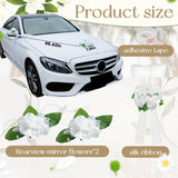 Wedding Car Decoration With White Satin Ribbons & Artificial Flowers – Just Married Vehicle Decor For Bridal Shower, Wedding Ceremony