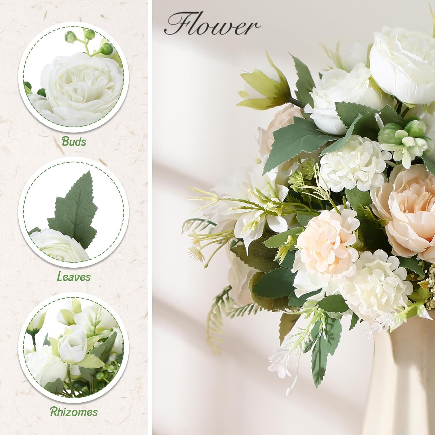 12 Bundles Valentine'S Artificial Flowers Peonies Silk Rose Faux Dahlia Fake Chamomile Hydrangea Bouquet Floral Arrangements Bulk For Vase Home Wedding Party Centerpiece(Cream White)